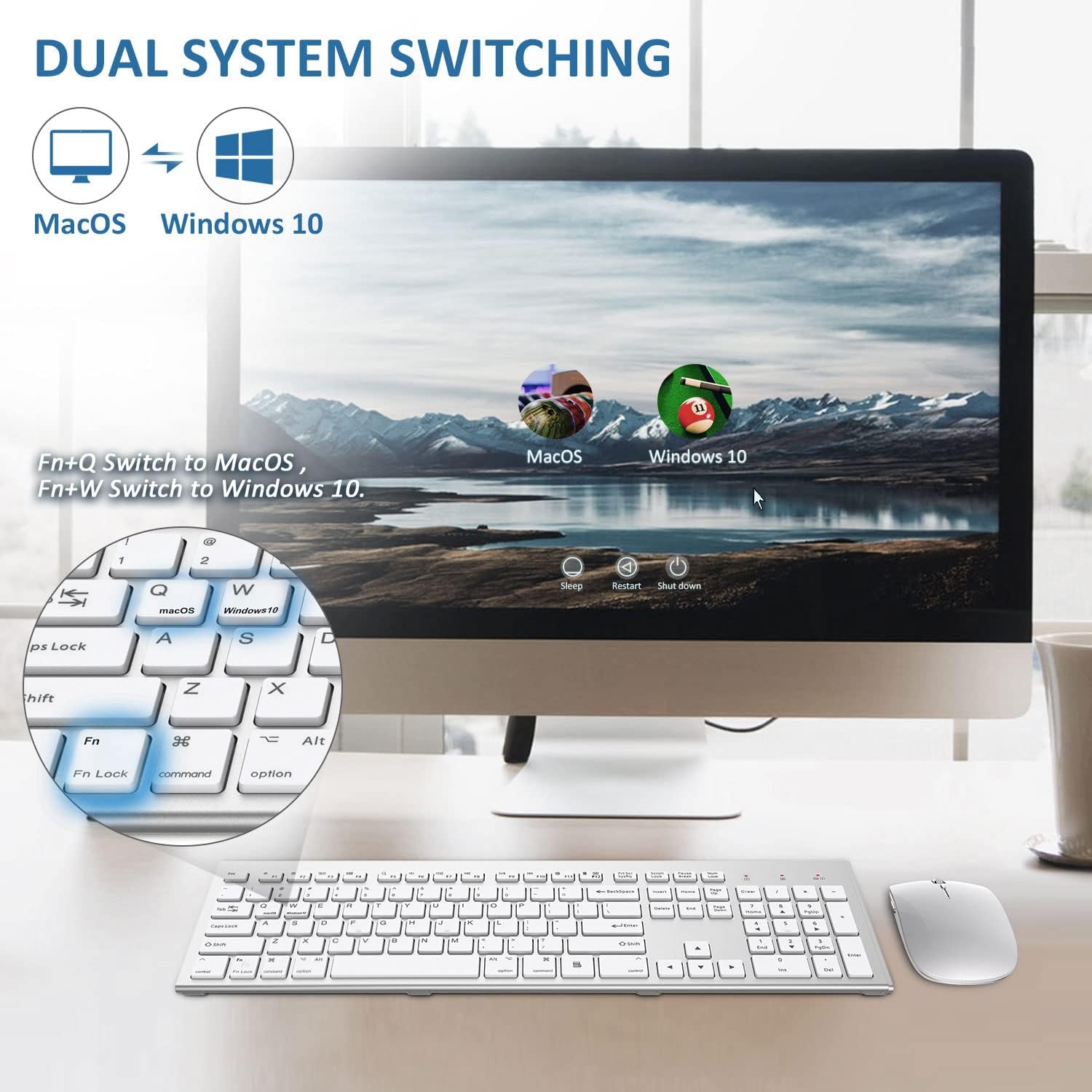 FEDARFOX – Combo de teclado y mouse inalámbricos, ergonómico de conmutación de sistema doble, delgado, compacto, de tamaño completo, teclado