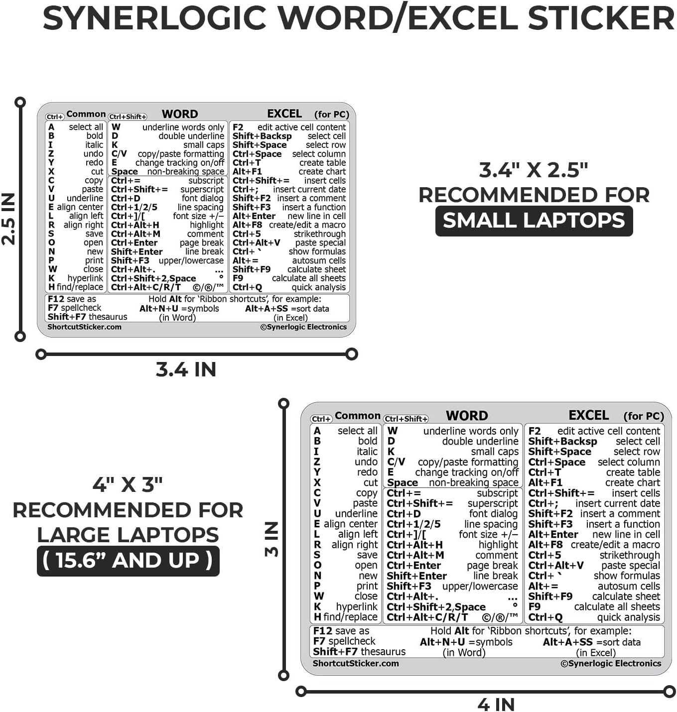 SYNERLOGIC Microsoft WordExcel (para Windows) Guía de referencia Adhesivo de acceso directo de teclado, laminado, vinilo sin residuos (blancogrande)