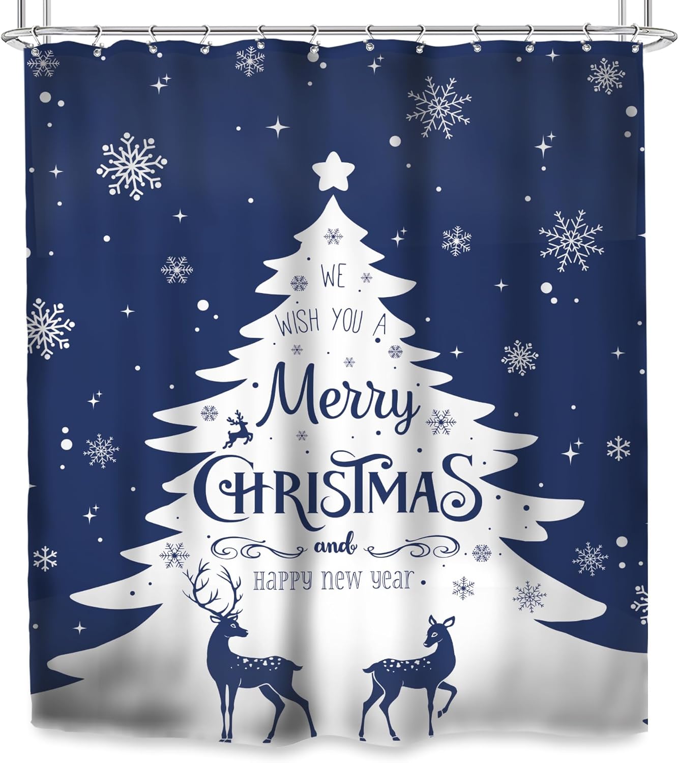 Glawry Cortina de ducha con diseño de árbol de Navidad, copos de nieve azules, renos, nieve, invierno, vacaciones, feliz año nuevo, estética, para