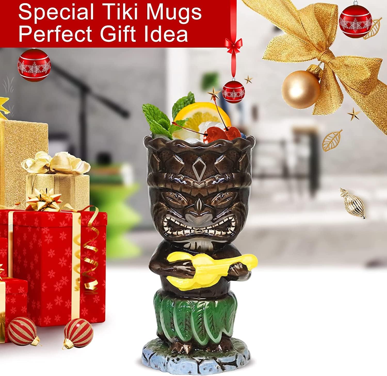 SuproBarware Tiki – Juego de tazas de cóctel de 10.1 fl oz, coloridas tazas de cóctel de cerámica, decoración hawaiana para fiestas exóticas