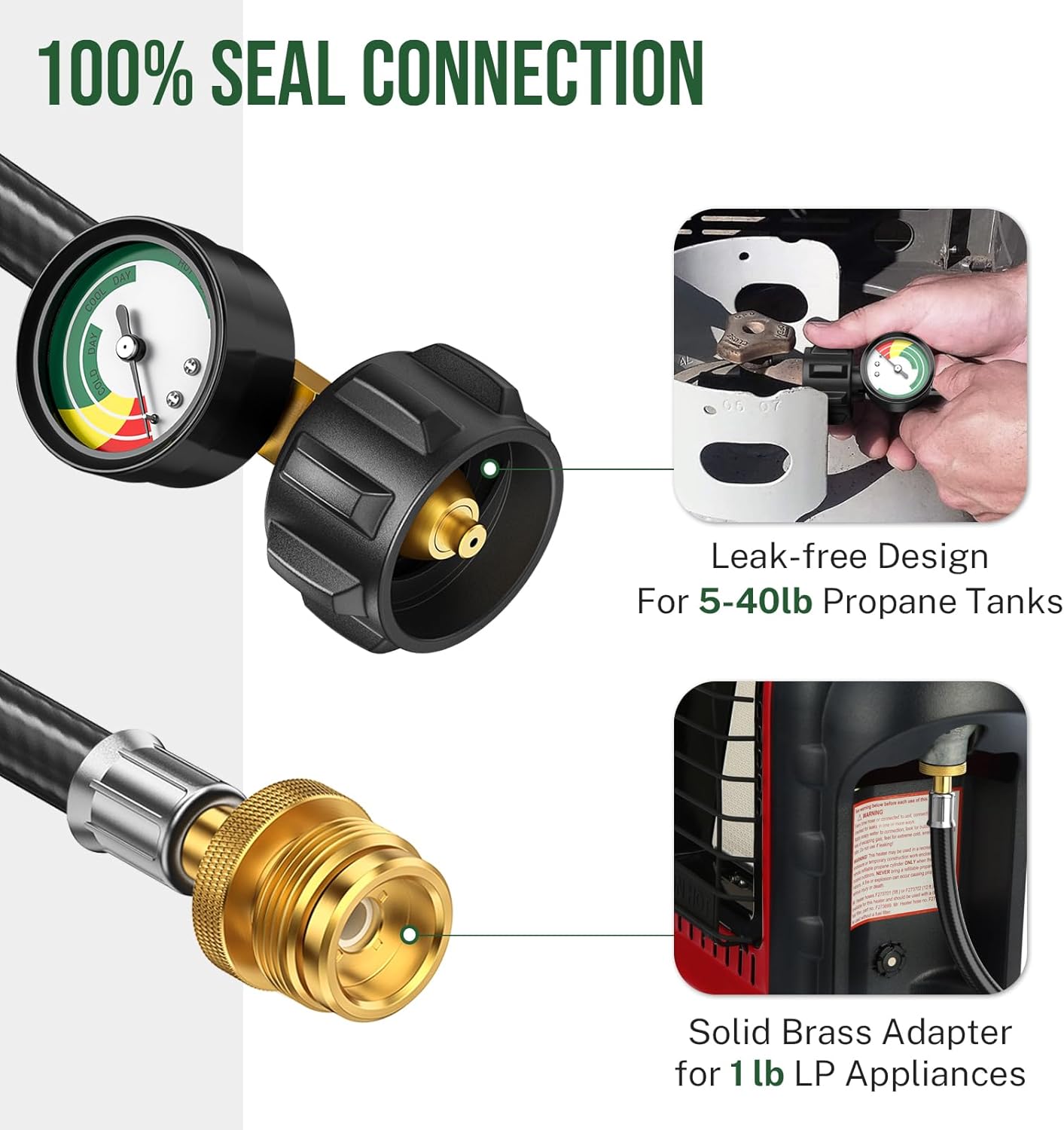 Adaptador de manguera de propano de 8 pies de 1 libra a 20 libras con calibre, manguera adaptador de tanque de propano de 20 libras a 1 libra,