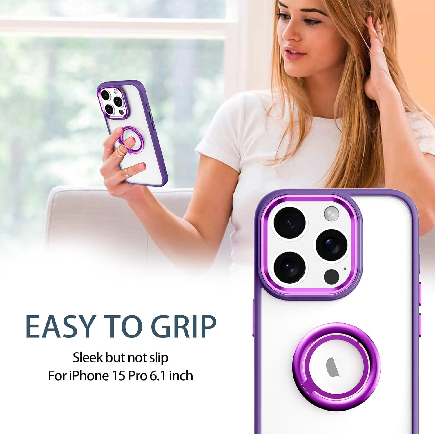 LONTECT Funda para iPhone 15 Pro con soporte de anillo a prueba de golpes, ajuste delgado, resistente a los arañazos, cristal transparente, funda
