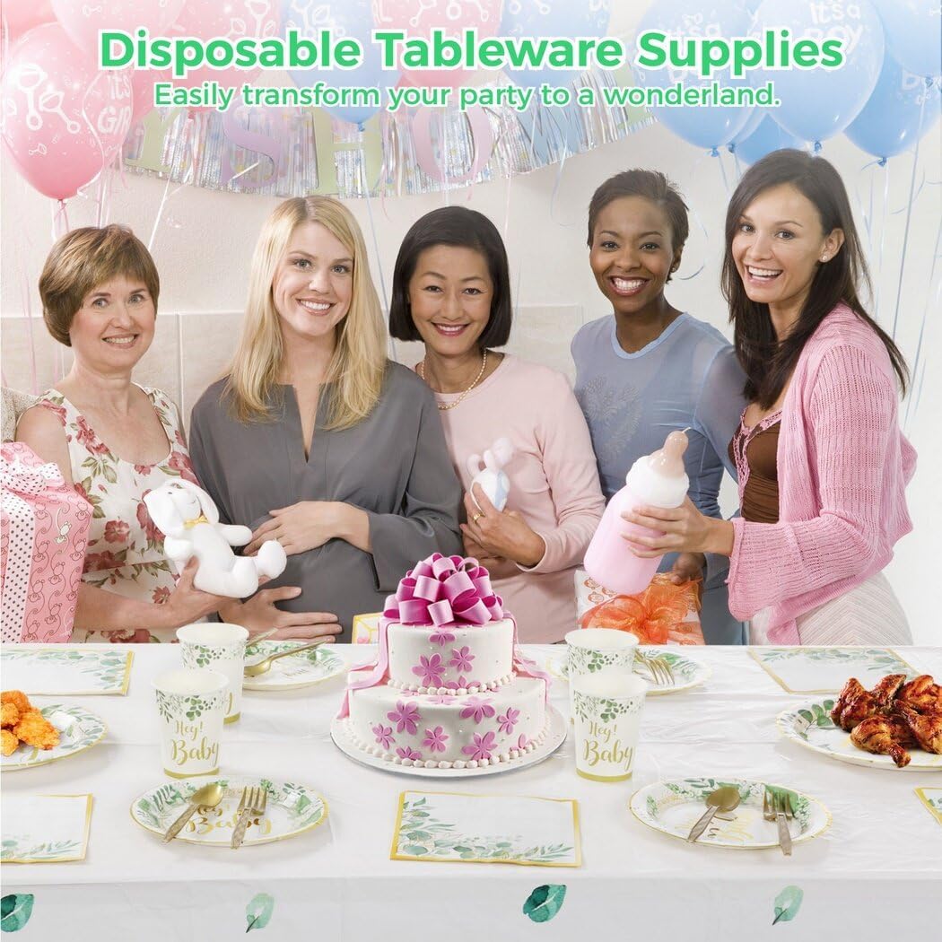 151 piezas de suministros para fiesta de baby shower, tazas de papel verde, platos, servilletas, cubiertos, kit para 25, decoración de vajilla