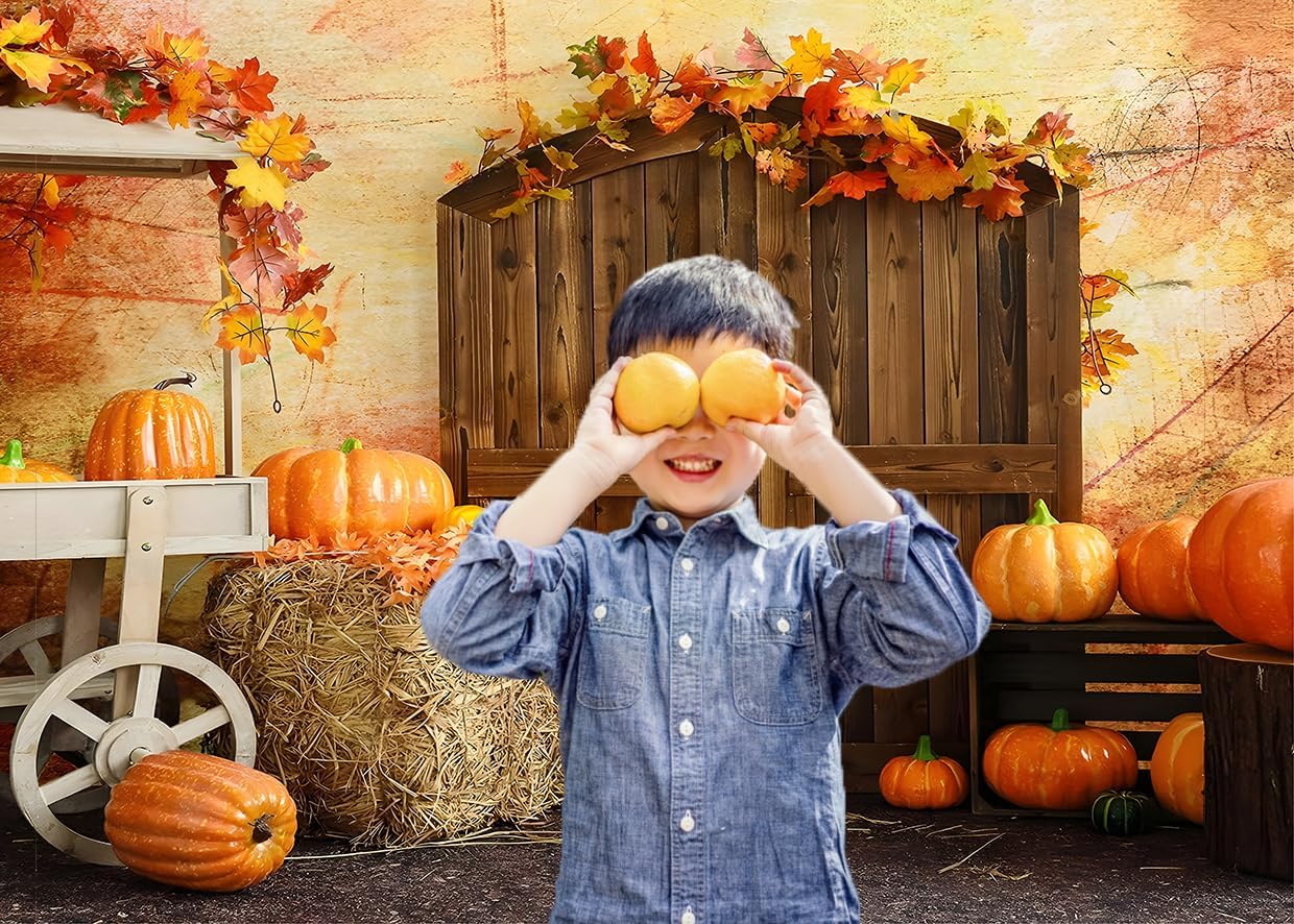 Fondo de otoño de 7 x 5 pies para fotos de Acción de Gracias, calabaza, hojas de arce, granero, cosecha de otoño, suministros de fiesta de Acción de