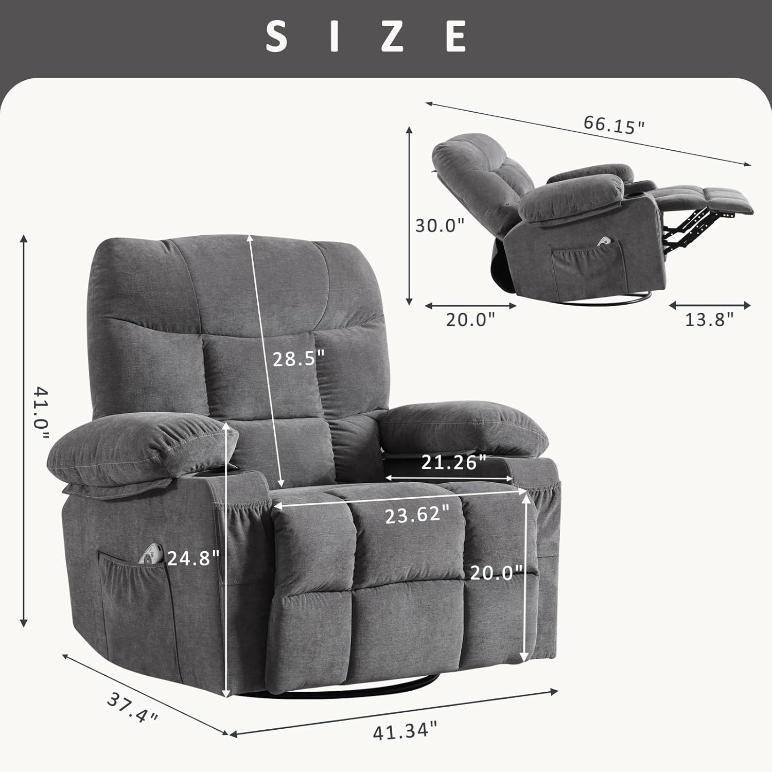 Rocker – Silla reclinable giratoria con masaje por vibración para sala de estar con función de balanceo y bolsillo lateral, 2 portavasos, puerto de