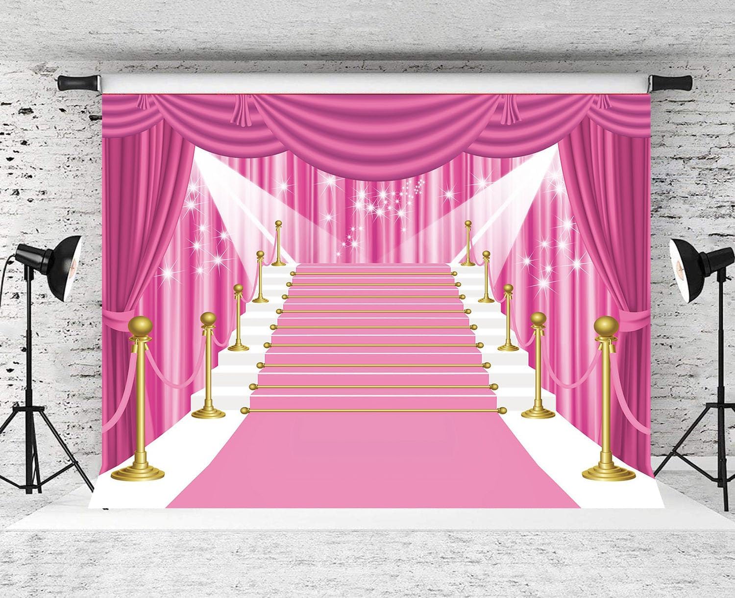 BINQOO Cortina de fondo rosa de 7 x 5 pies para baile de graduación 2025, alfombra grande, color rosa, estrellas, niña, fiesta, fotografía, fondo