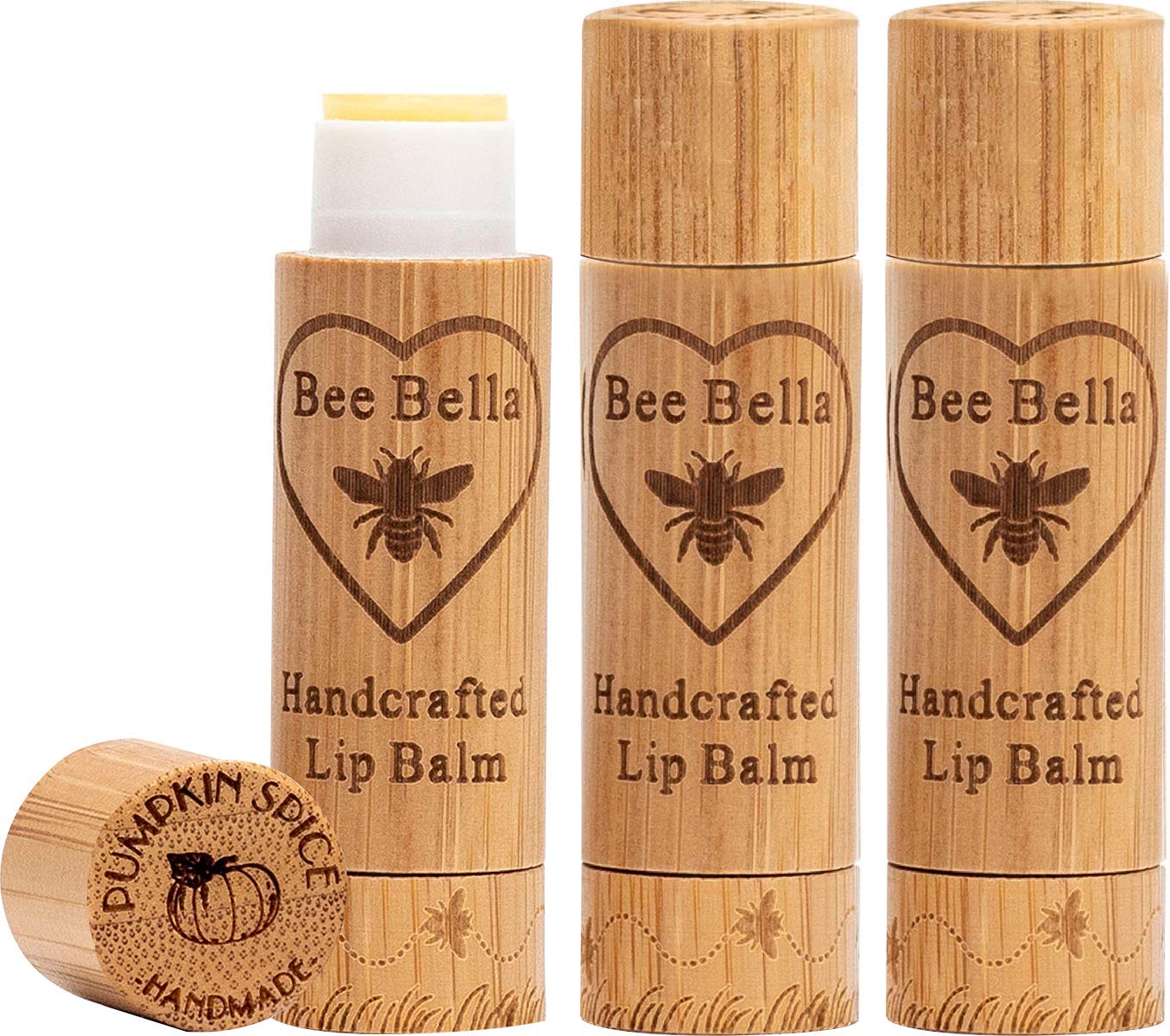 Bee Bella Bálsamo labial de especias de calabaza (paquete de 3) con cera de abejas, aceite de coco, aceite de jojoba, aceite de vitamina E, aceite