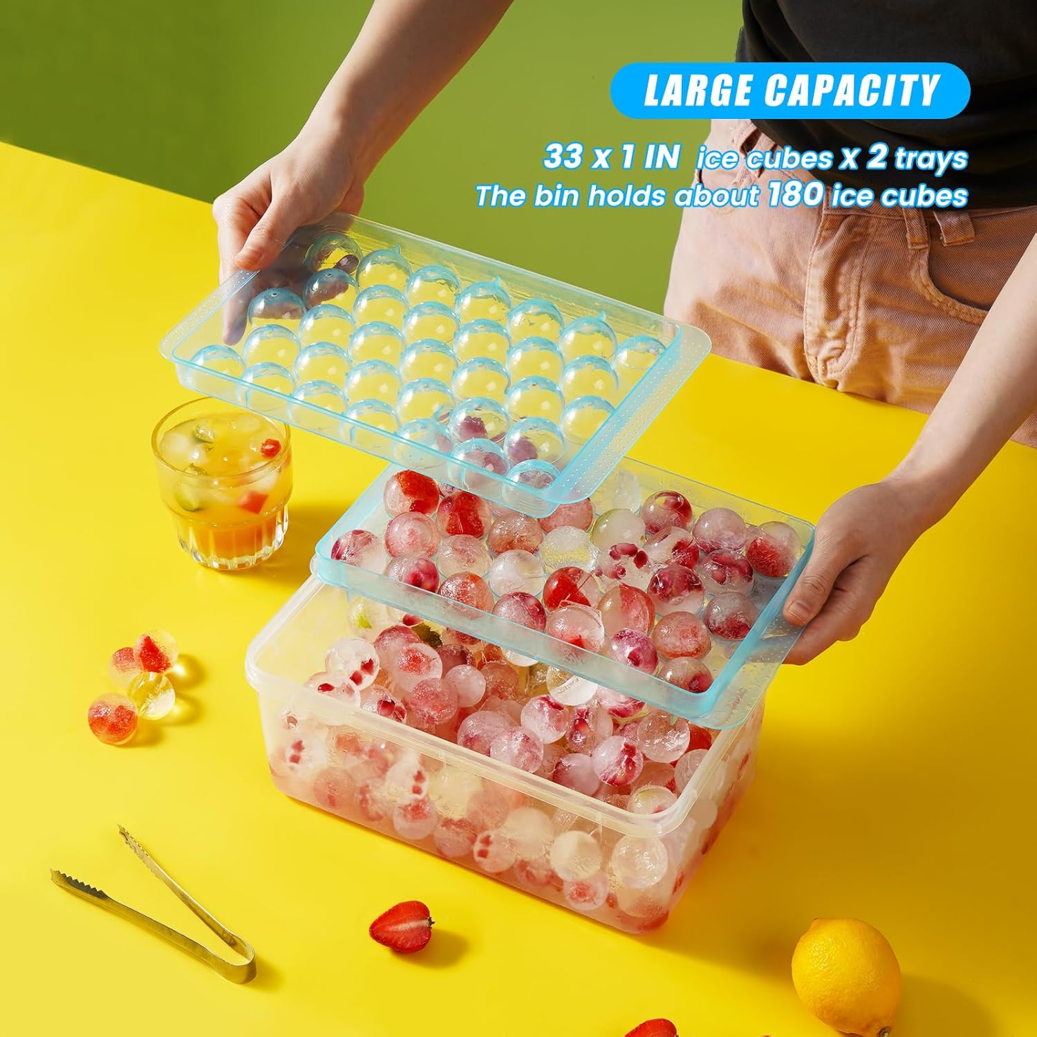 PHINOX – Bandeja de cubitos de hielo con tapa y contenedor, bandejas redondas de hielo para congelador, bandejas de hielo para hacer cubitos de