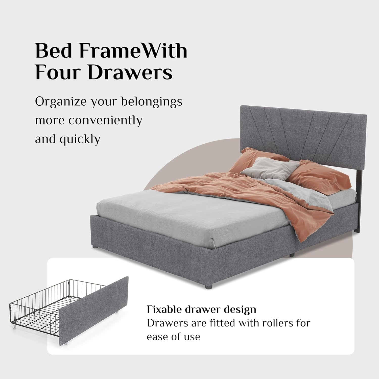 Base de cama de tamaño matrimonial con tapizado y 4 cajones fijos de almacenamiento, cabecera ajustable, embalaje de una caja, no necesita somier,