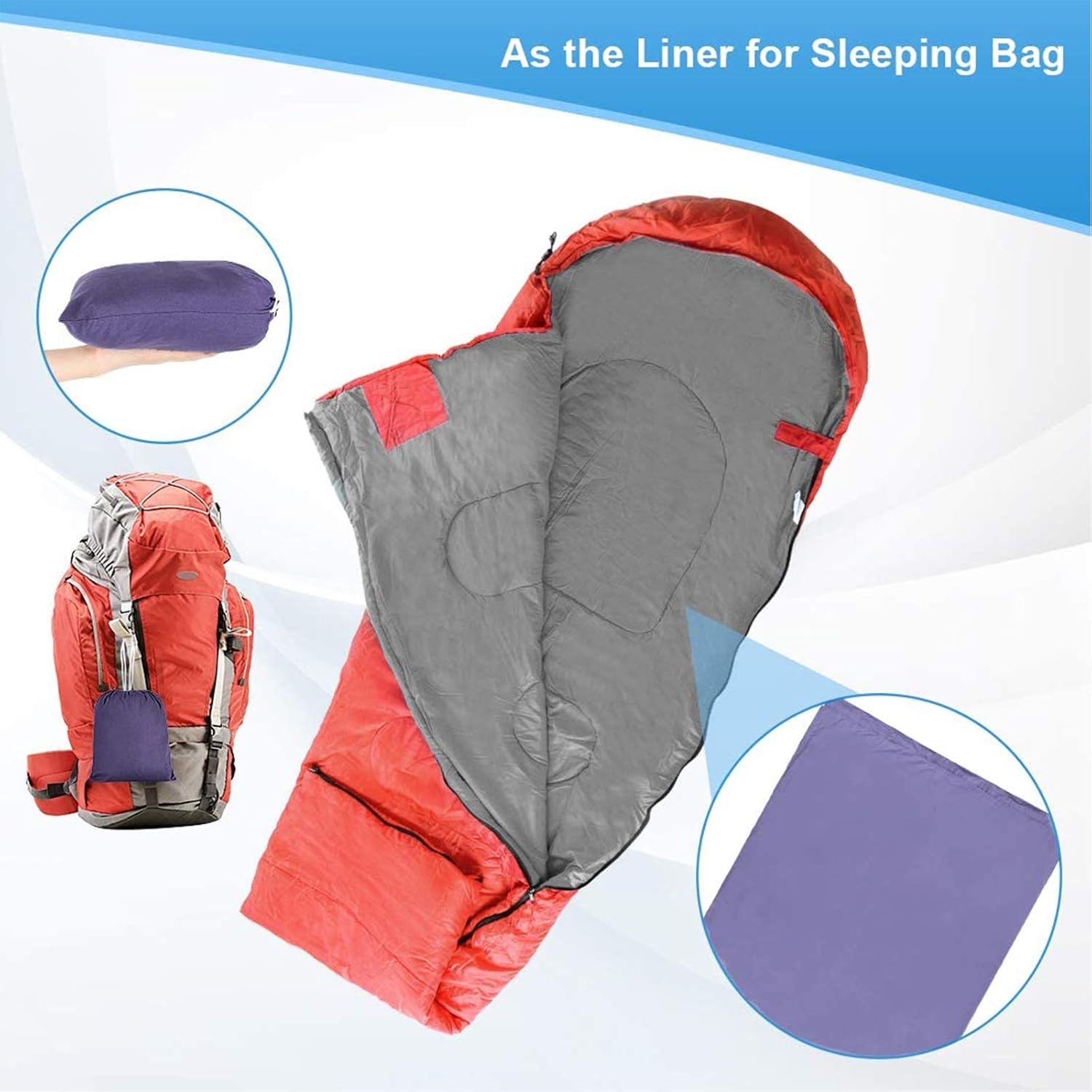 Forro para saco de dormir, ligero portátil, suave hoja de viaje y camping, con bolsa compacta y de transporte, para viajes, hotel