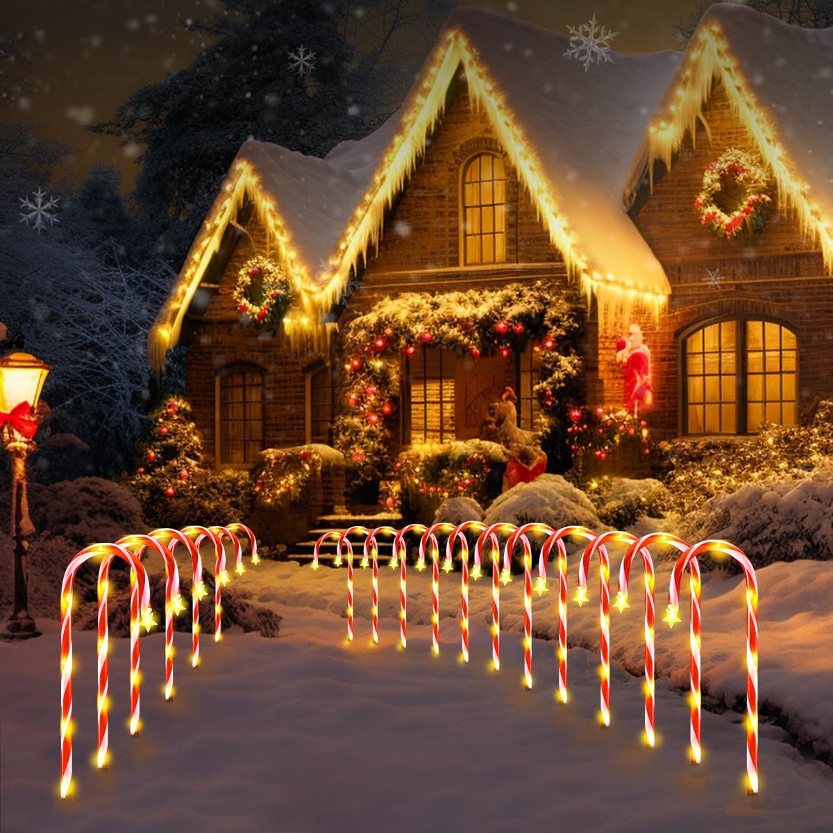 24 decoraciones navideñas para exteriores, 144 luces LED solares de bastón de caramelo para decoración de Navidad, 8 modos de luces solares de