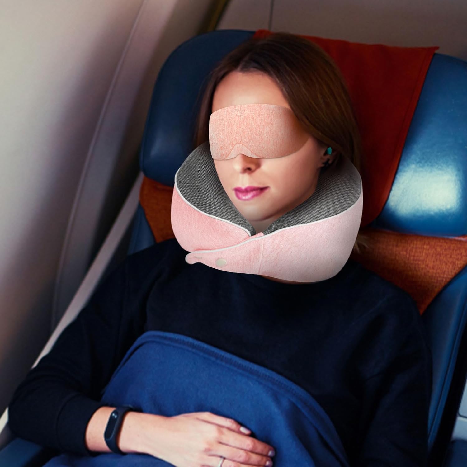 Mavoegl – Almohada cervical para viajes, 100% espuma viscoelástica pura con máscara para dormir, bolsa de maquillaje, tapones para los oídos y bolsa