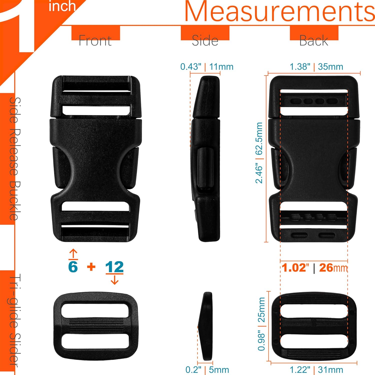 HISUNTEC Hebillas para correas de 1 pulgada 6 juegos de hebilla de liberación lateral + 12 piezas Tri-Glide Sliders Fit 1 pulgada (0.984 in) de