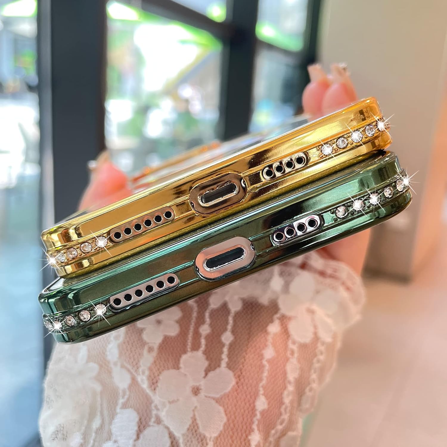 MZELQ Funda para iPhone 14 Pro Max con purpurina degradada Soporte para MagsafeProtector de cámara con diamantes magnéticos, vista de logotipo,