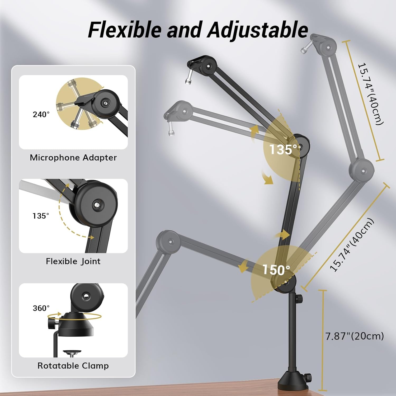 Blue Yeti Micrófono Boom Arm, TONOR Mic Microfono Stand Escritorio con Elevador Alto para HyperX Shure Rode Razer Elgato, totalmente ajustable