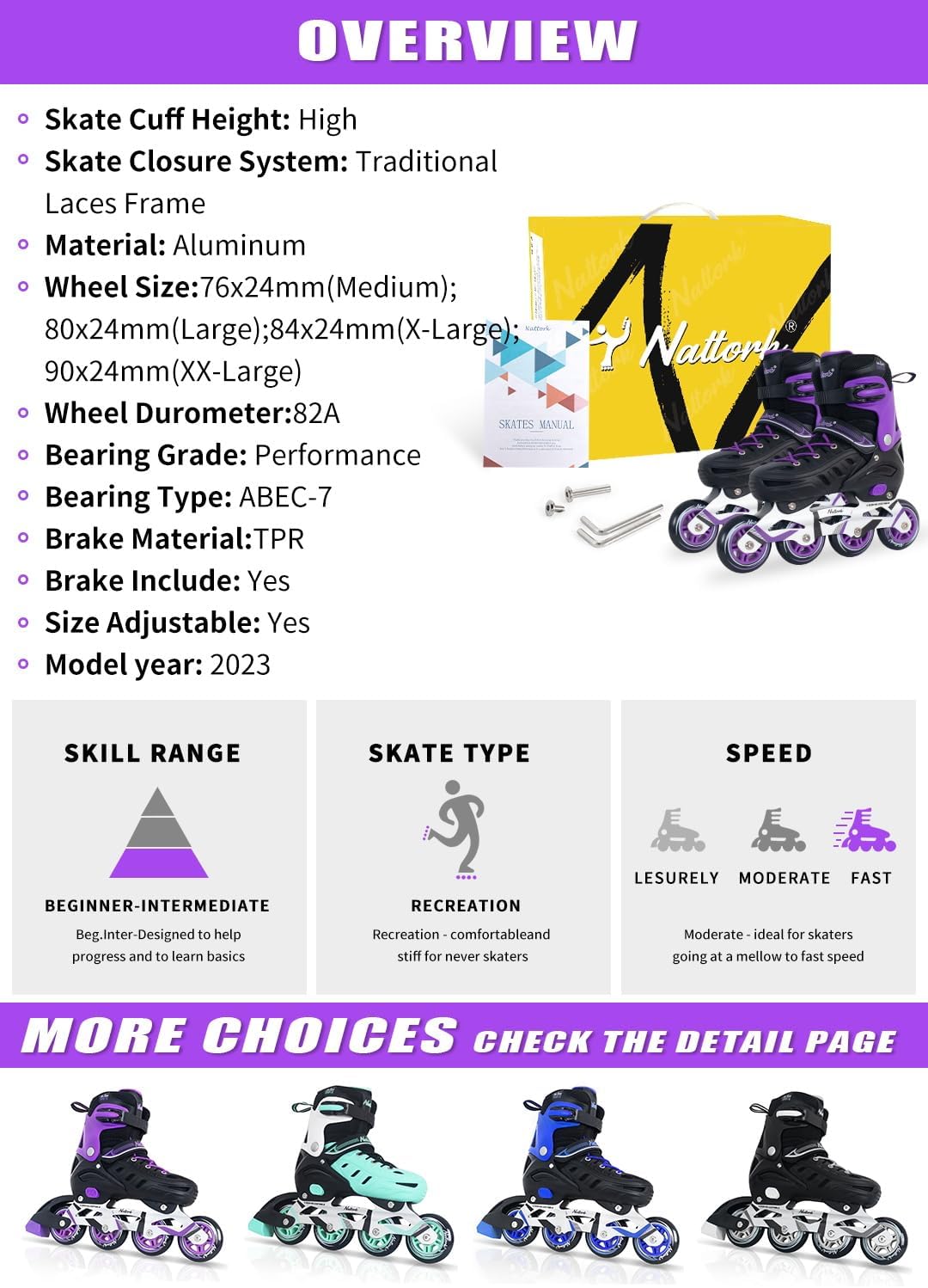 Nattork Patines en línea para niños y niñas, hombres y mujeres, 4 tamaños ajustables, patines de ruedas para principiantes para niños y adultos