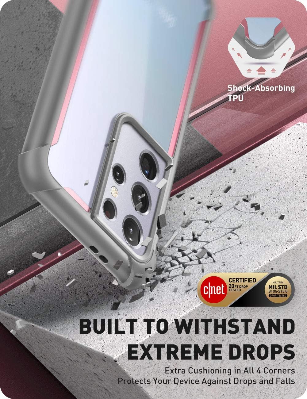 i-Blason Funda para Samsung Galaxy S21 Ultra 5G (2021), protección transparente a prueba de golpes serie Ares sin protector de pantalla (rosa1)