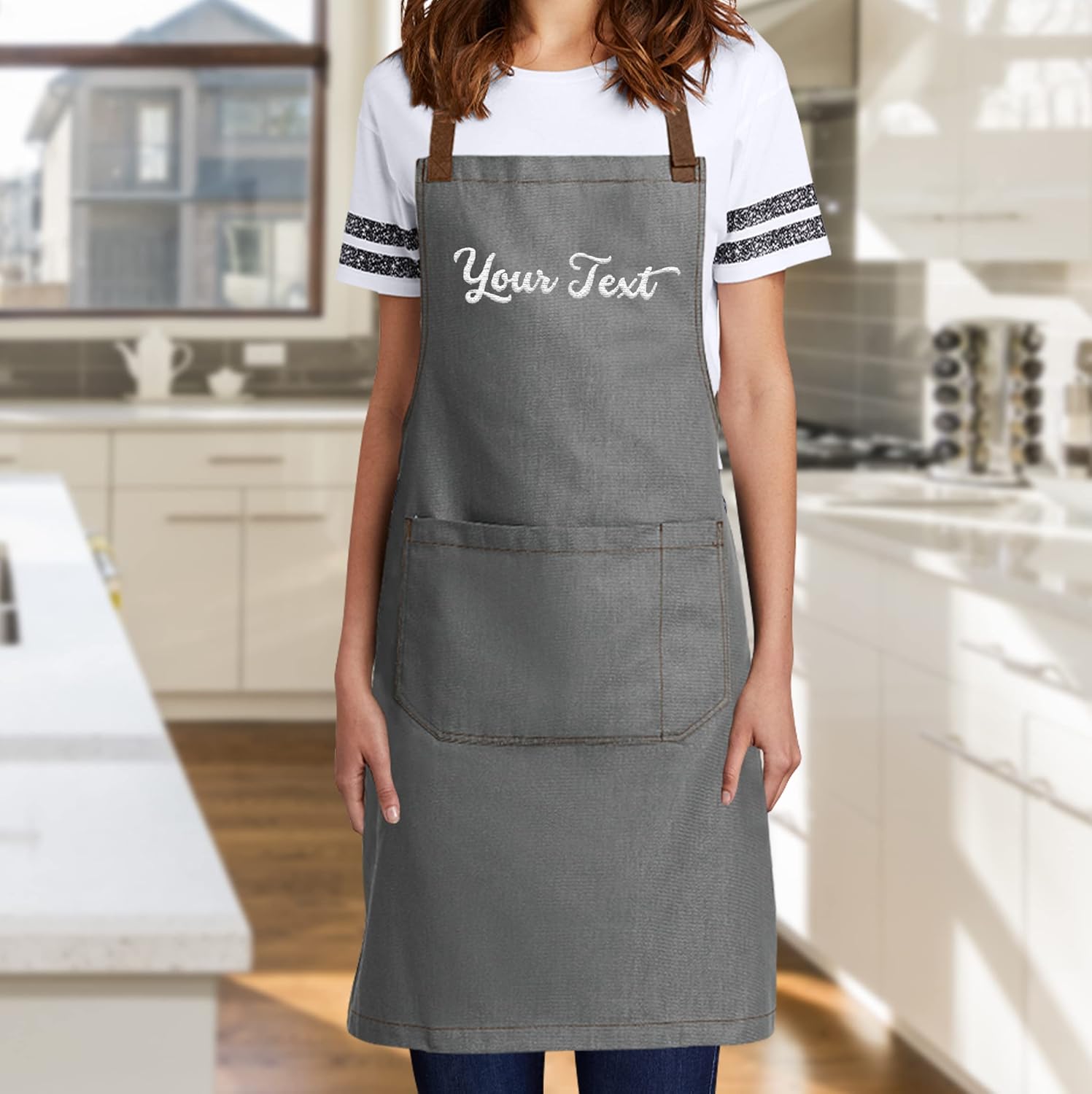 TEEAMORE Delantales bordados personalizados para mujeres y hombres, añade tu texto Chef Kitchen Grill Delantal