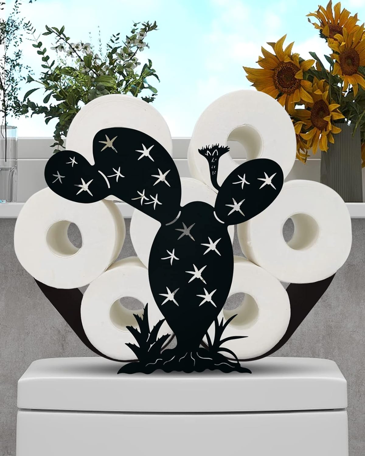 Gojoamoy Soporte de papel higiénico de cactus, decoración de metal, 8 rollos de almacenamiento de papel higiénico, cesta de pañuelos independiente,