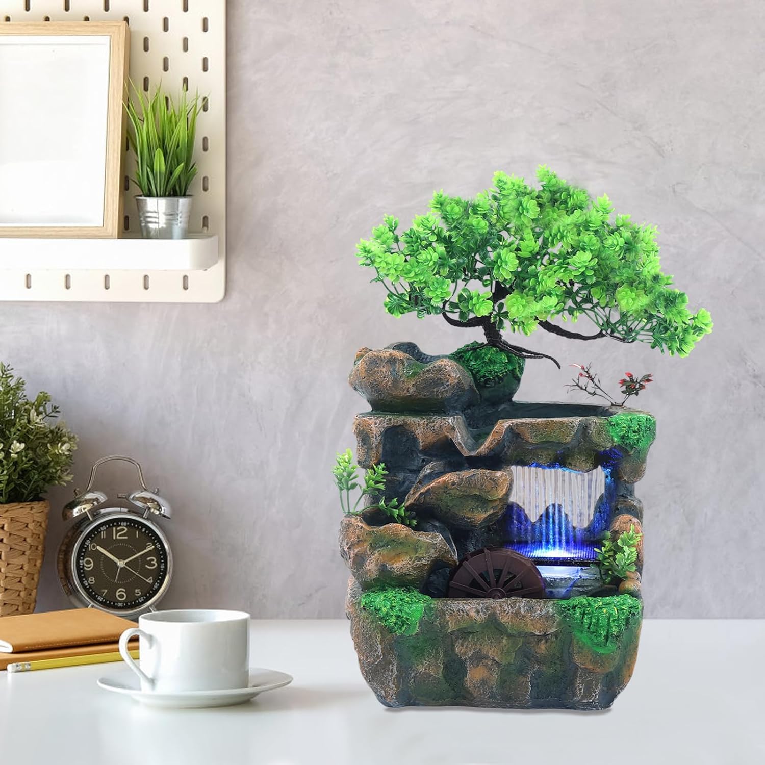 Adornos de rocalla de fuente de agua con cascada y luces LED de colores, mini cascada de escritorio, pequeña rocalla para oficina, hogar, dormitorio