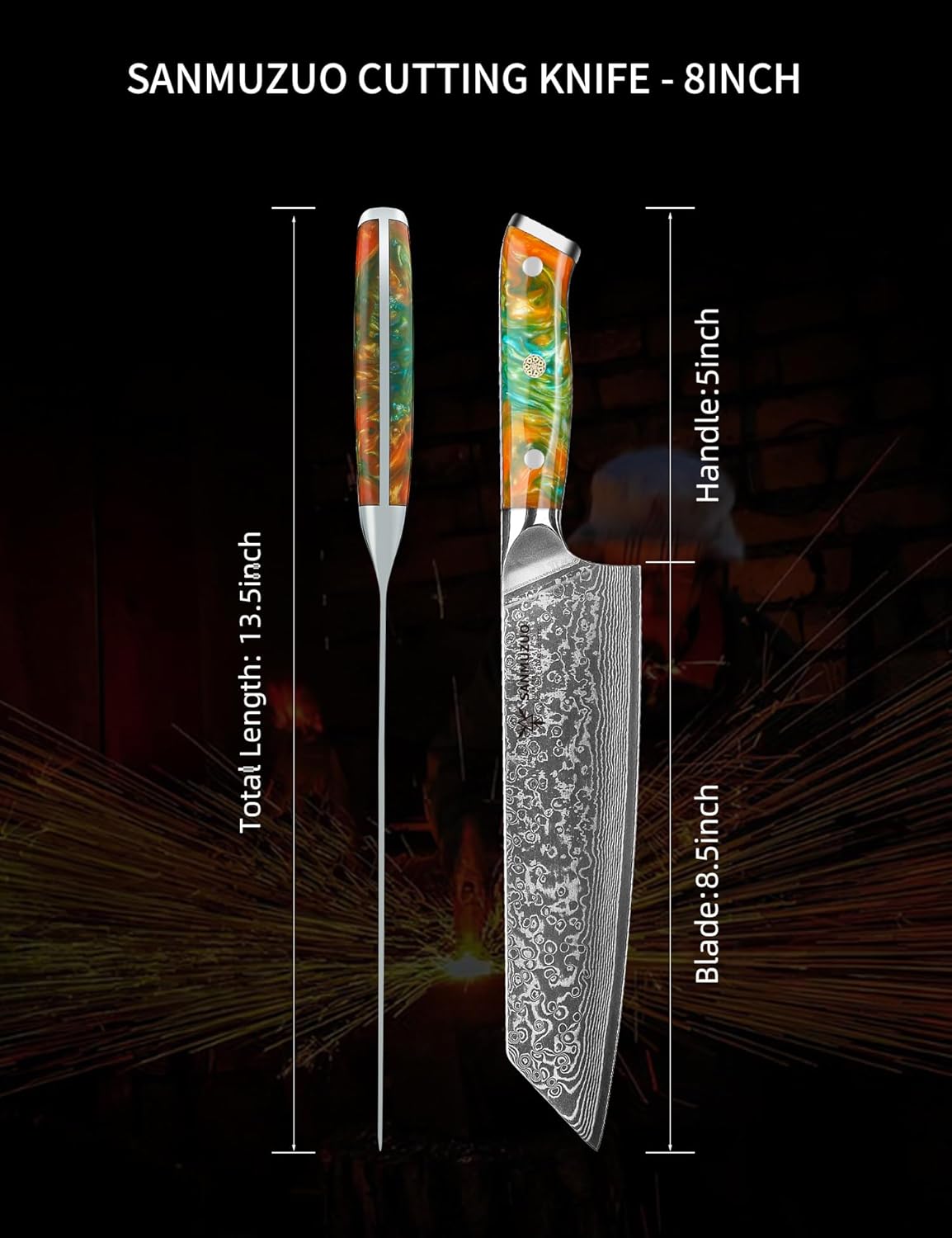 8.5 inch Kiritsuke Kitchen Chef Knife – 67 Layers Damascus Steel & Resin Handle – Xuan Series(Fantasy Orange)