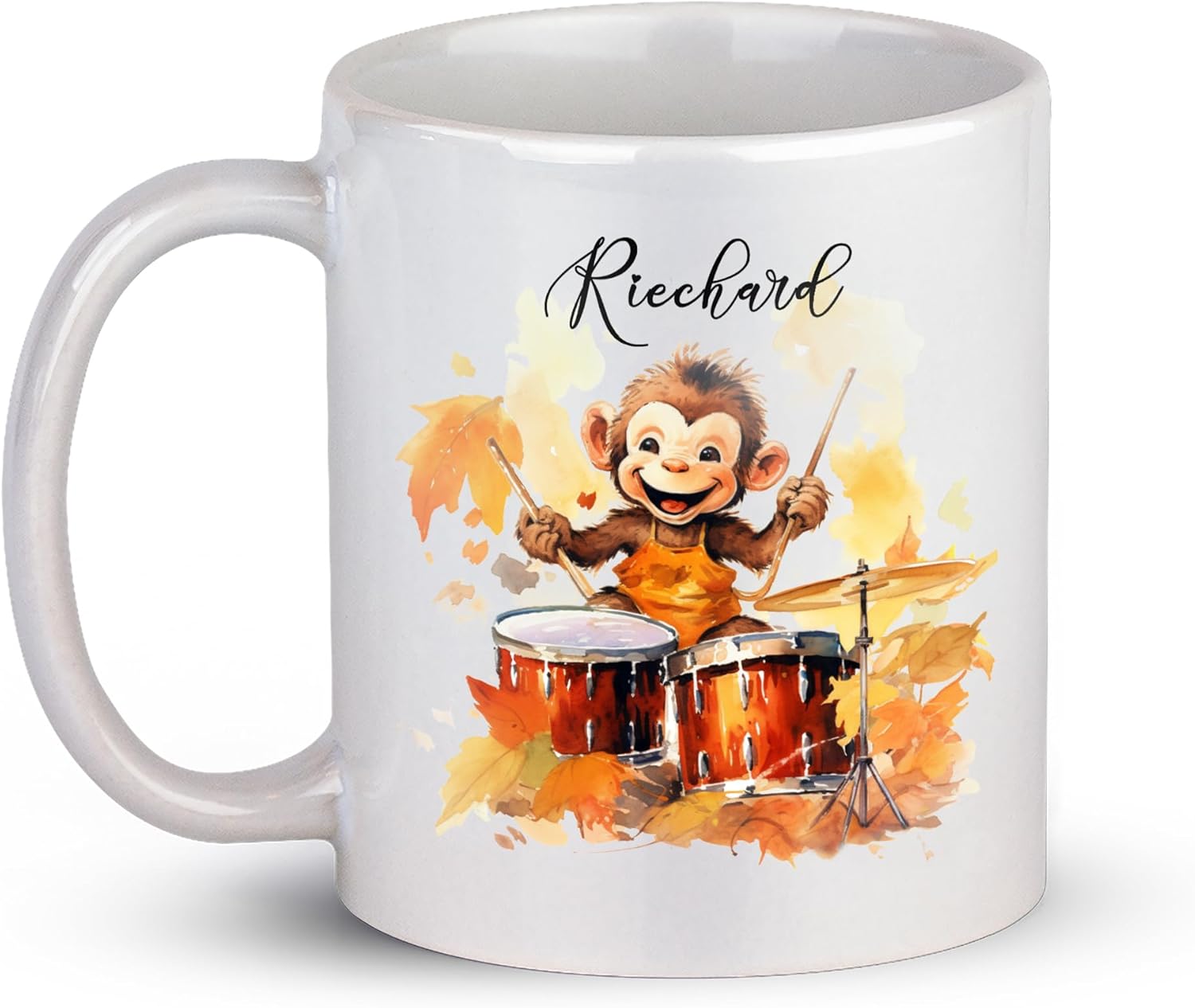Taza de cerámica blanca de mono de otoño personalizada de 11 onzas, 15 onzas, tazas de té de tambor, regalo de tazas de otoño para amantes del