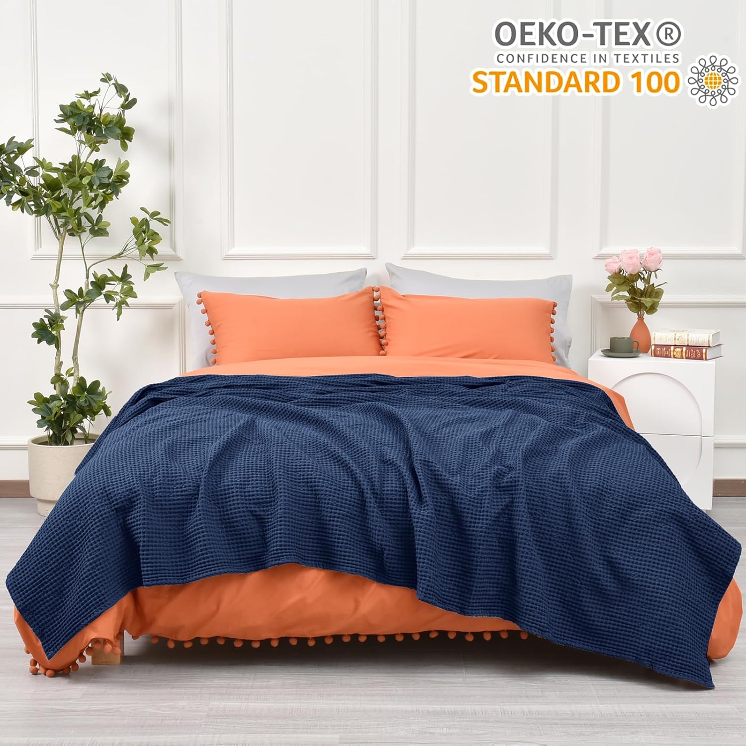PHF – Manta 100% algodón tejido gofre tamaño Queen 90 x 90 pulgadas, manta suave y transpirable prelavada para todas las estaciones, capa perfecta