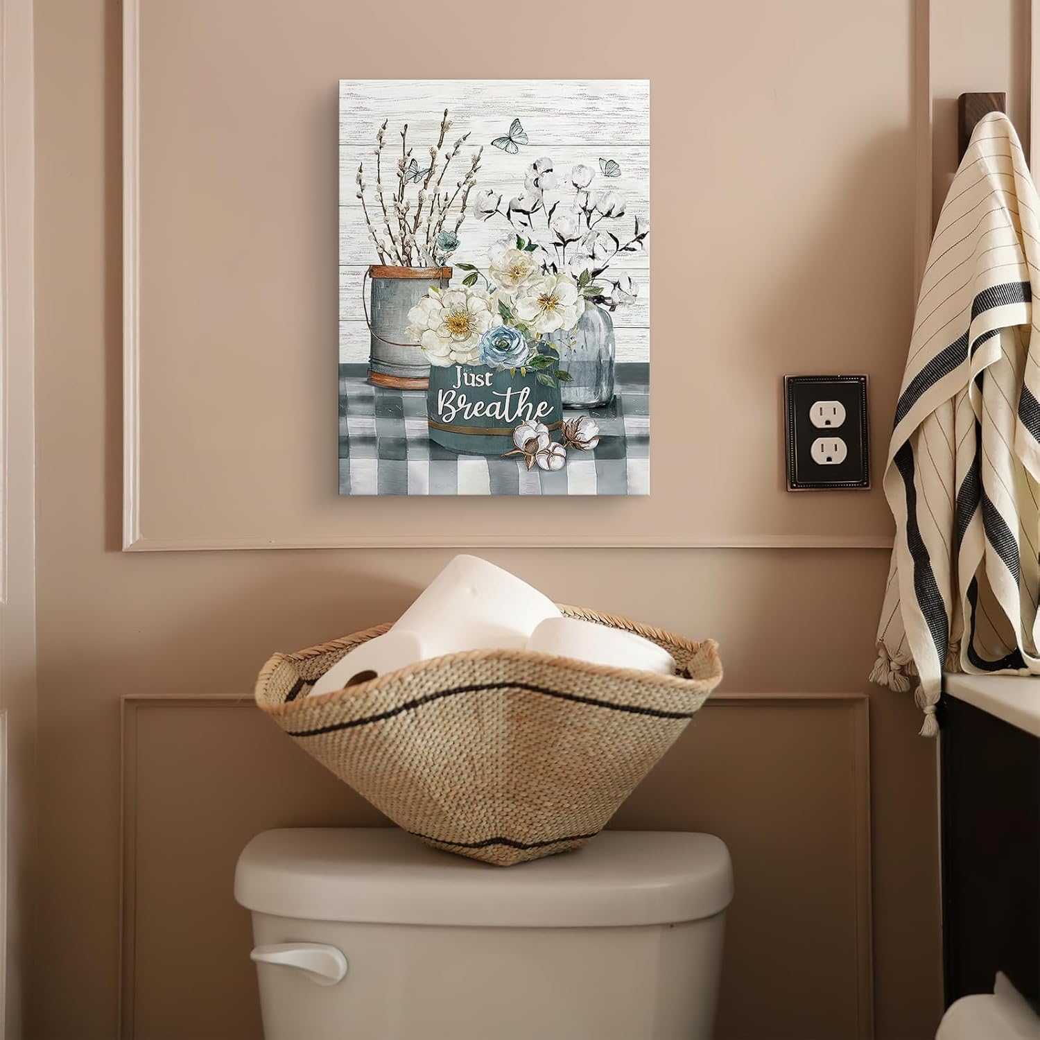 Luslya Arte de pared rústico de algodón blanco con diseño de flores de algodón con texto en inglés “Just Breathe”, pintura de baño, pósteres