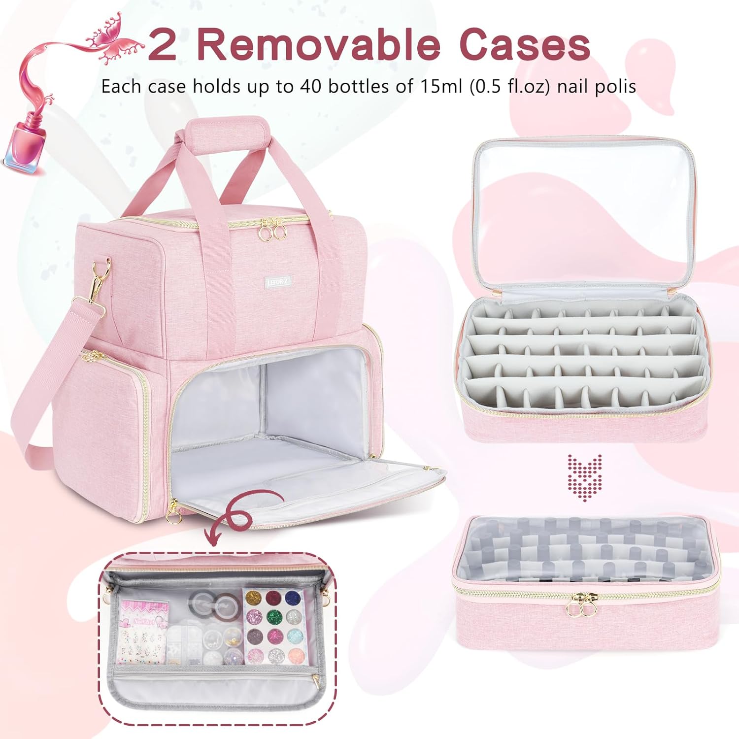 Organizador de esmalte de uñas con capacidad para 80 botellas y una lámpara de uñas, estuche de transporte de esmalte de uñas con 2 bolsas