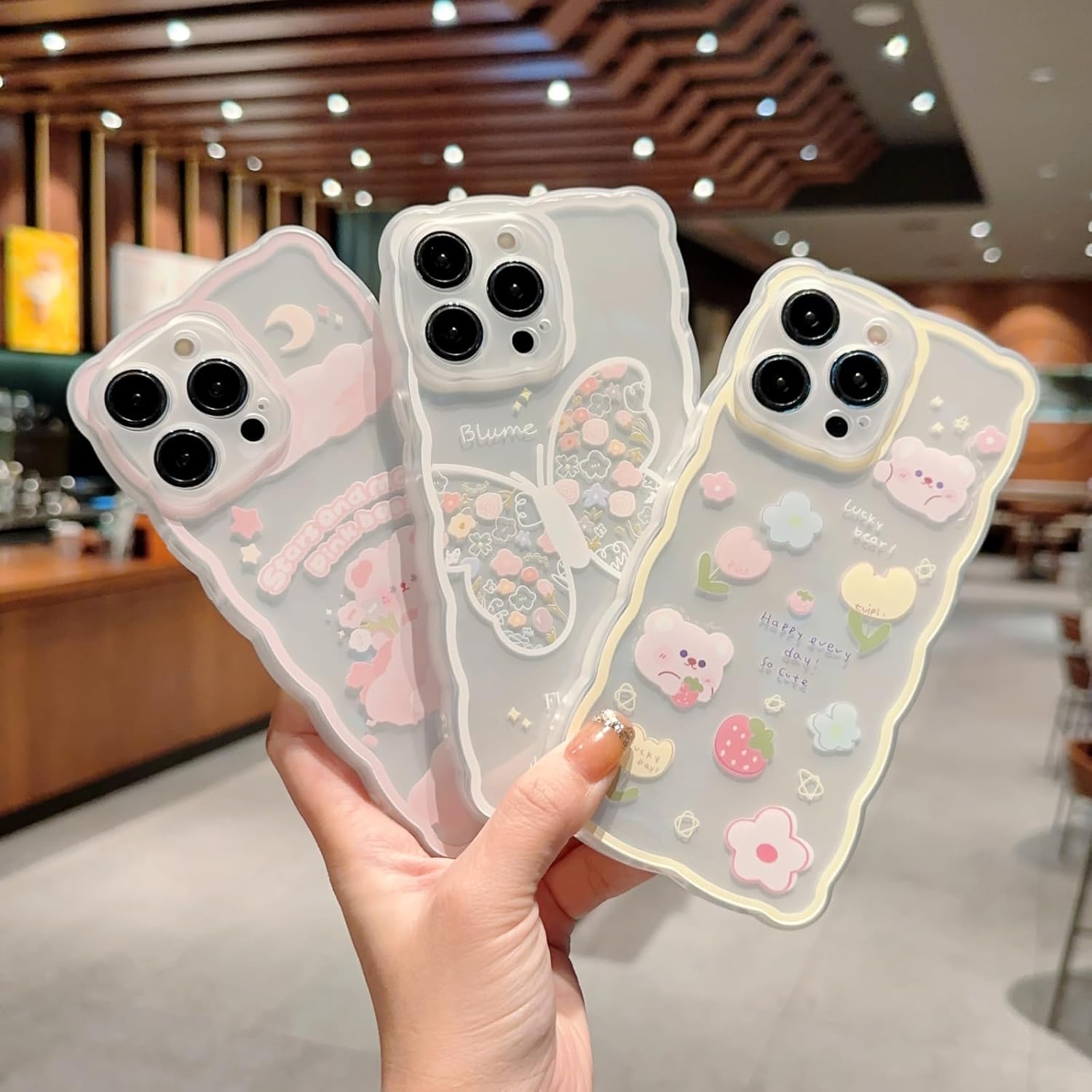 SZXYCZL Funda compatible con iPhone 15 Pro Max, bonito diseño floral de dibujos animados de oso y mariposa para mujeres y niñas, funda estética