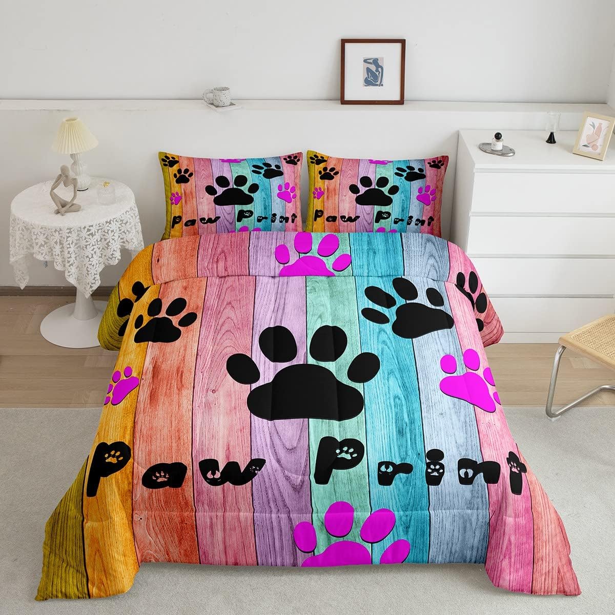 Erosebridal Juego de ropa de cama con estampado de patas, decoración colorida de patas de perro, diseño de pared de madera rústica, edredón tamaño