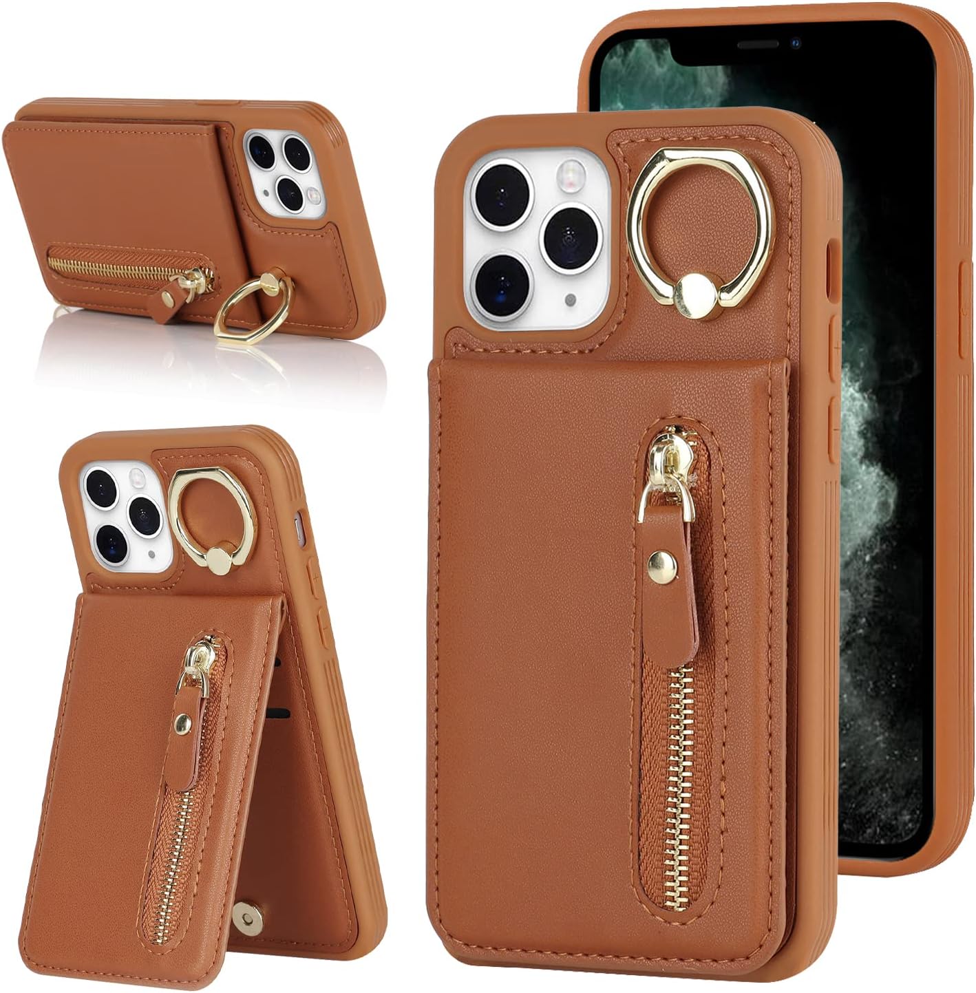 Funda para iPhone 11 Pro con tarjetero para iPhone 11 Pro, cartera con tarjeta de crédito con anillo, cierre de cremallera, a prueba de golpes,