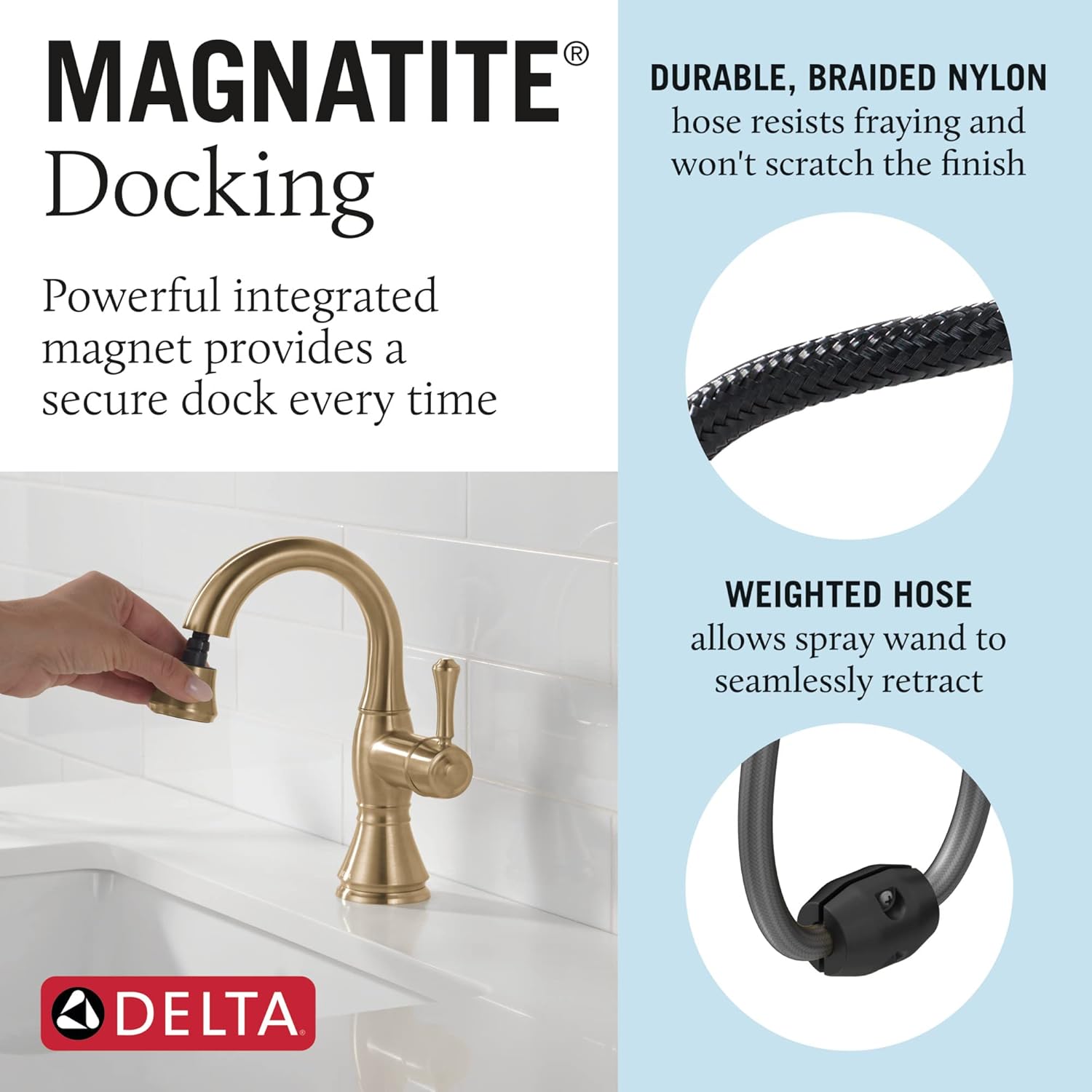 Delta Faucet Cassidy – Grifo de baño extraíble, grifo de baño dorado de un solo orificio con desplegable, grifo de lavabo de baño con acoplamiento