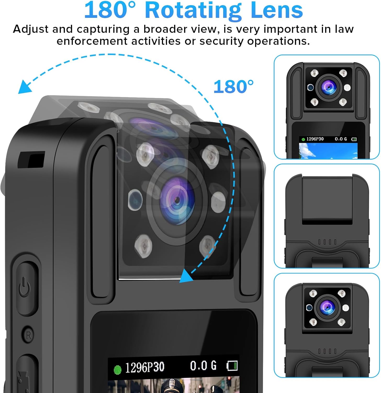 Sixmou Cámara corporal con grabación de audio y video, cámara corporal HD 1296P de 6 horas con lente giratoria de 180, visión nocturna, videocámara