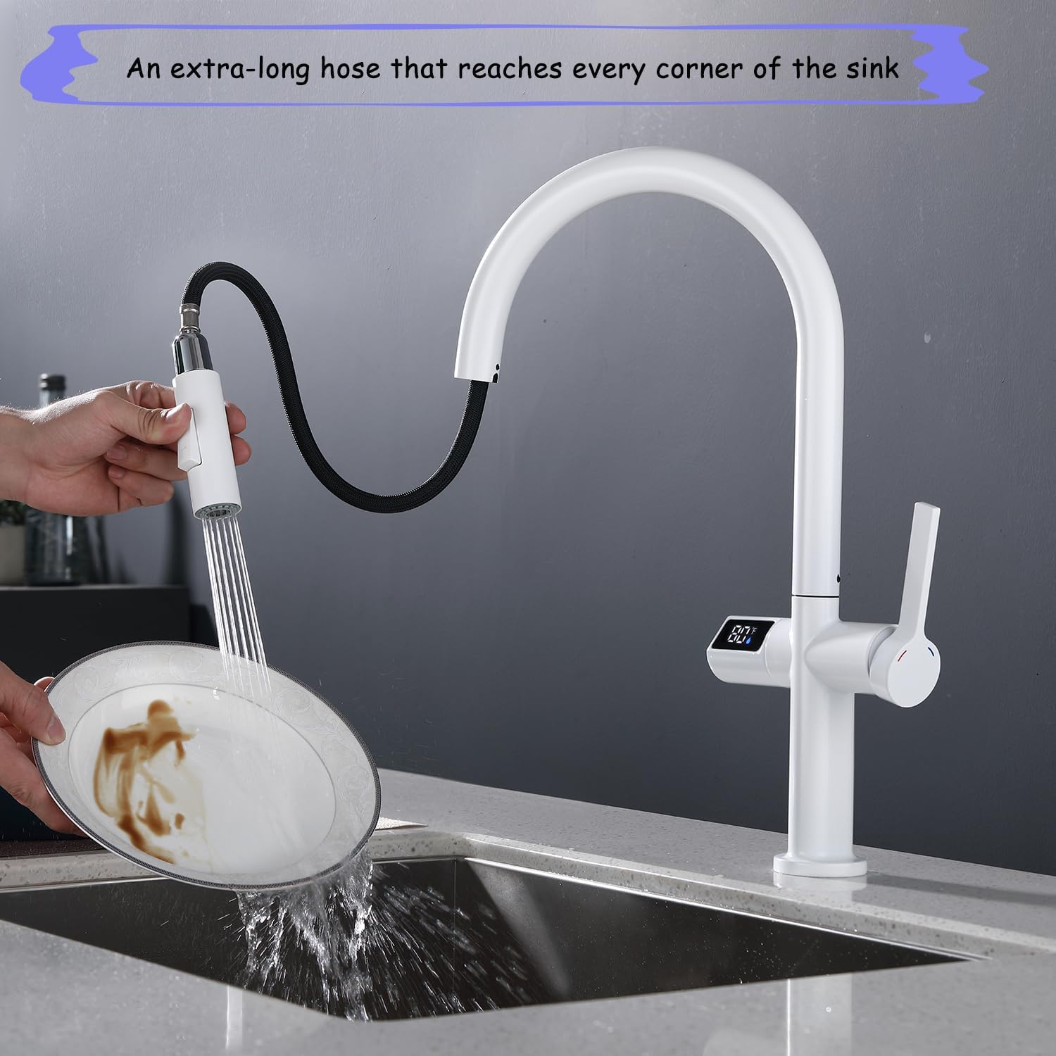 Avola Grifo de fregadero blanco con pantalla de temperatura, grifo de cocina extraíble resistente a la corrosión con pulverizador, grifo de cocina