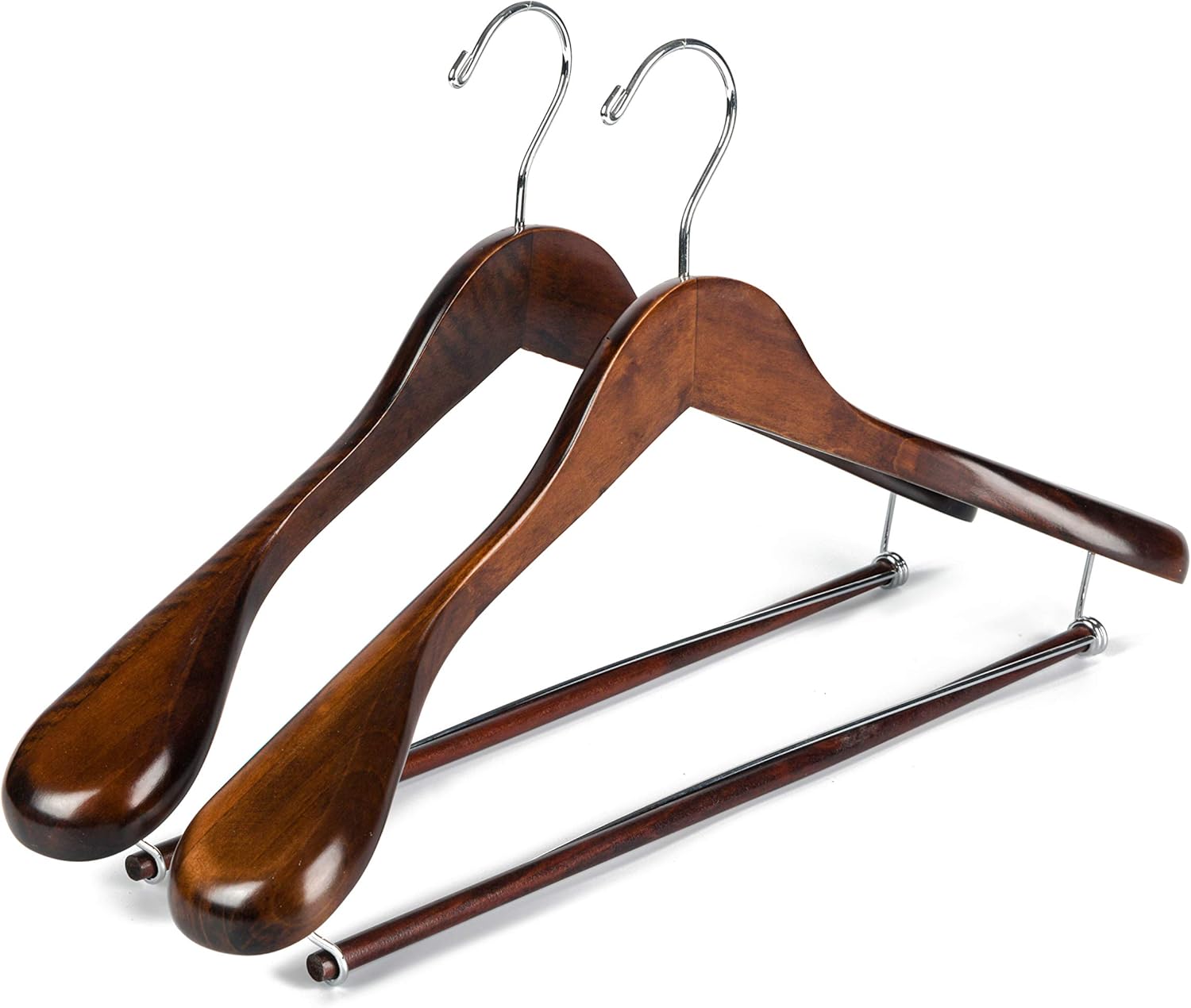 Perchas de madera de lujo con hombros anchos, paquete de 2 unidades, con barra de bloqueo, acabado retro suave, colgador de madera para armario,