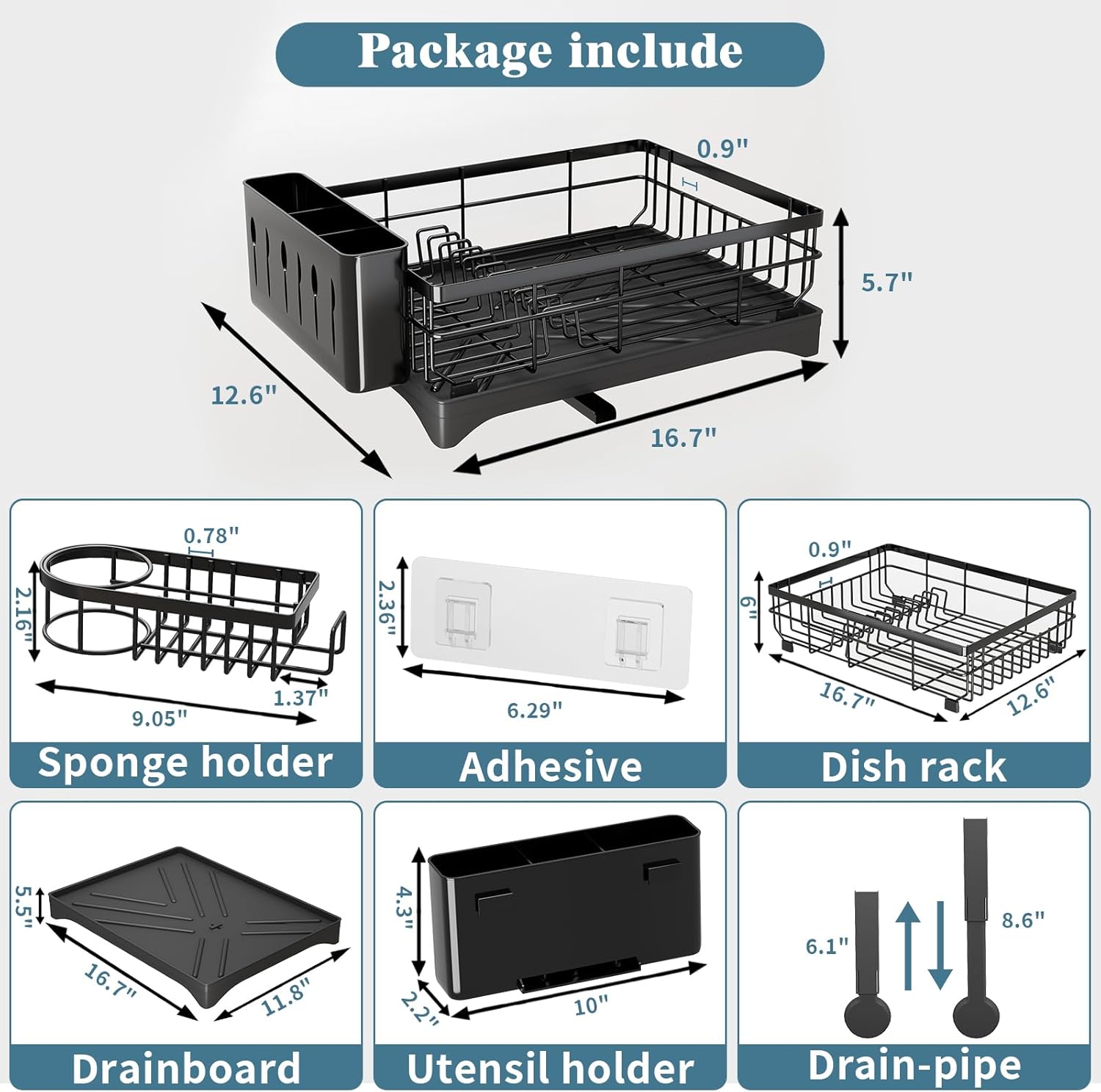 Escurridor de platos, escurridor de platos para encimera de cocina, escurridor de platos de acero inoxidable con soporte adicional para esponja para
