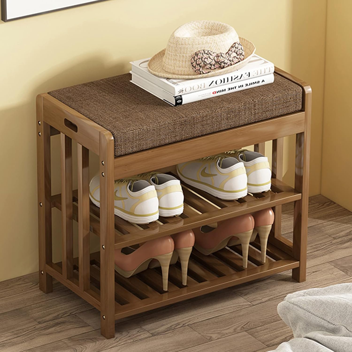 ZZenSmot Moderno bambú con cojín tapizado, zapatero para almacenamiento de zapatos, taburete para sala de estar, dormitorio, entrada, pasillo,