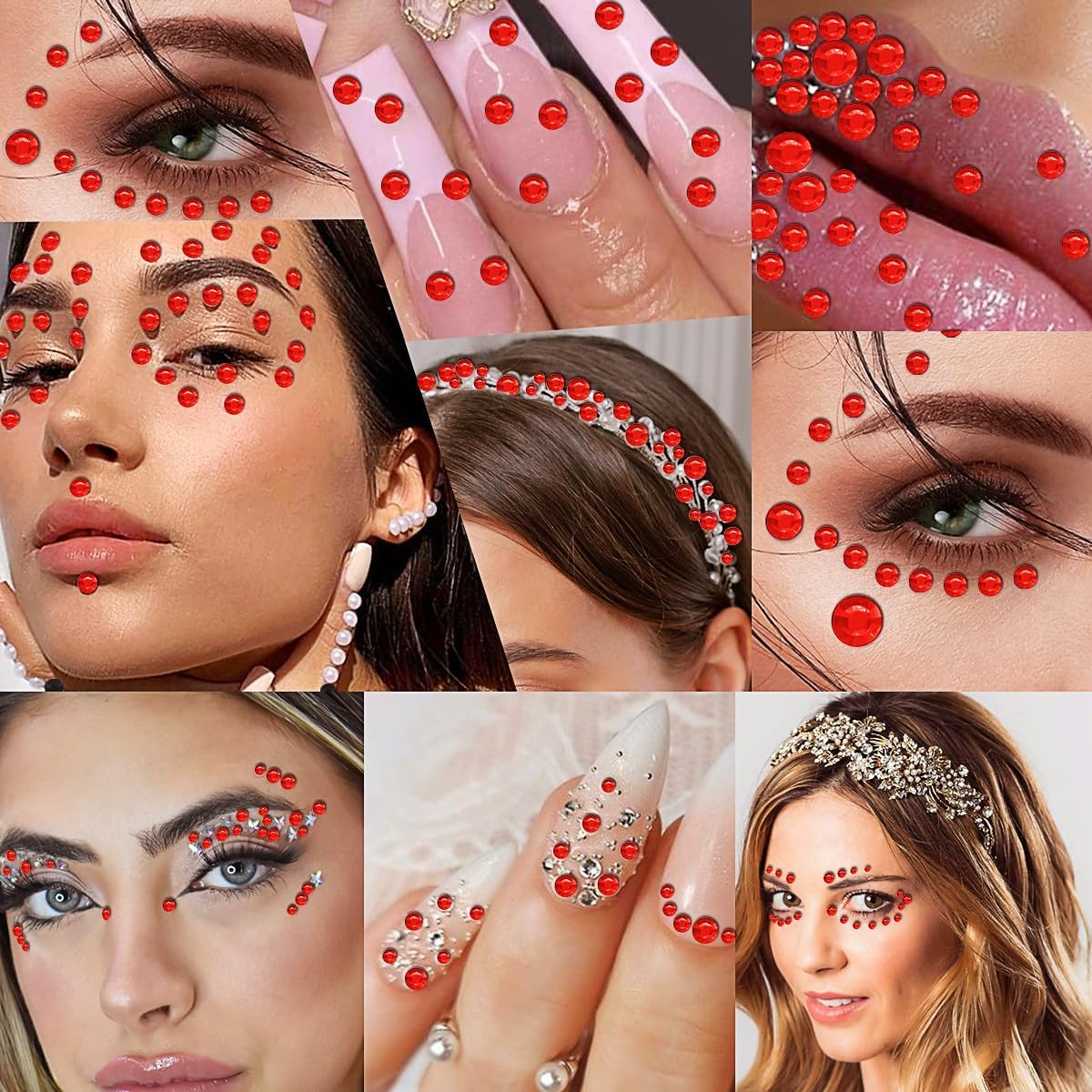 3090 calcomanías de diamantes de imitación, calcomanías autoadhesivas de perlas rojas para la cara, gemas de 0.3450.236 in, gemas para el cabello,