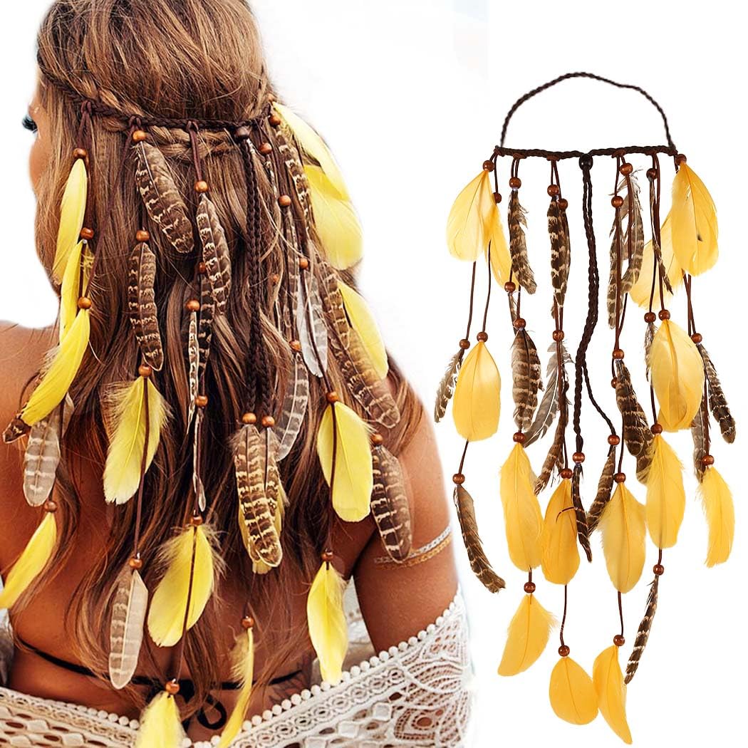 CAKURE Tocado de plumas estilo bohemio hippie, tocado de plumas indias, bandas ajustables para el cabello, accesorios para el cabello de plumas