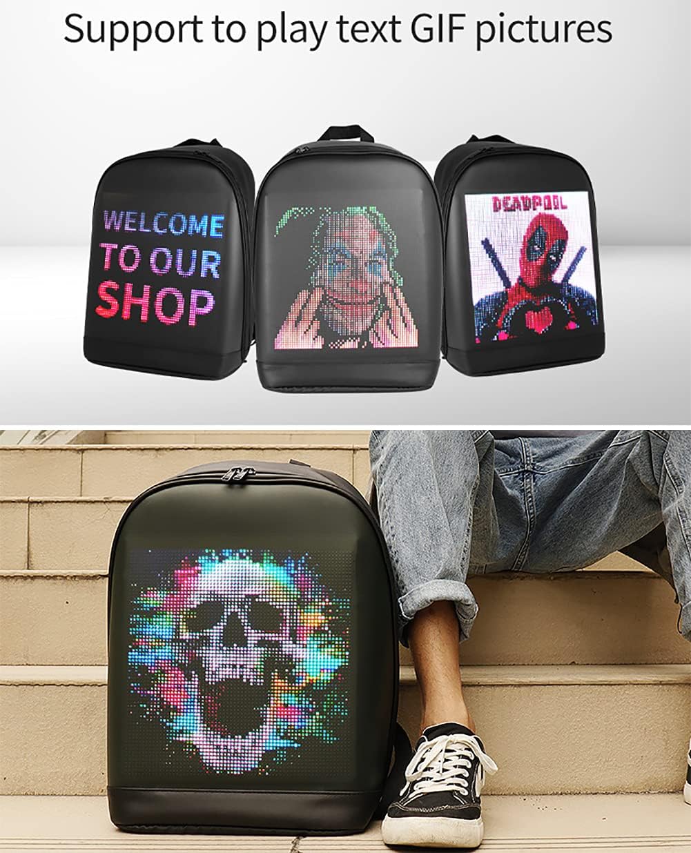 Mochila escolar LED inteligente para niños, mochila para computadora portátil, regalo de Navidad para niños, Negro -, Computadora portátil