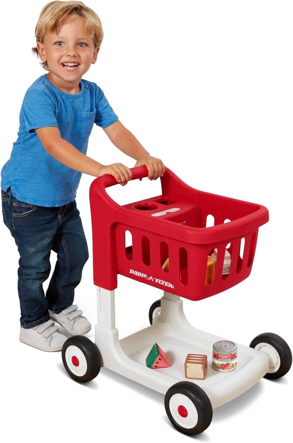 Radio Flyer Escanea y clasifica el carrito de compras con luces y sonidos, andador de bebé con ruedas, carrito de compras rojo para niños a partir