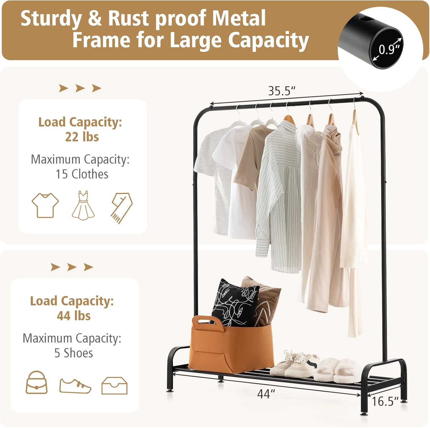Tangkula Perchero de metal para ropa, 44 pulgadas con barra superior y estante de almacenamiento inferior, patas ajustables, clips antideslizantes,