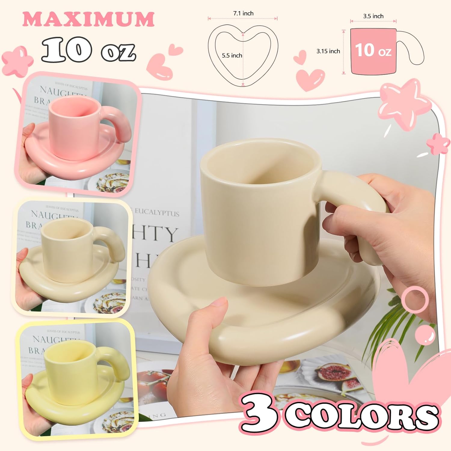 Taza de café de cerámica con platillo, bonita taza de nube y platillo en forma de corazón, tazas de café de 10 onzas, tazas de capuchino, taza de