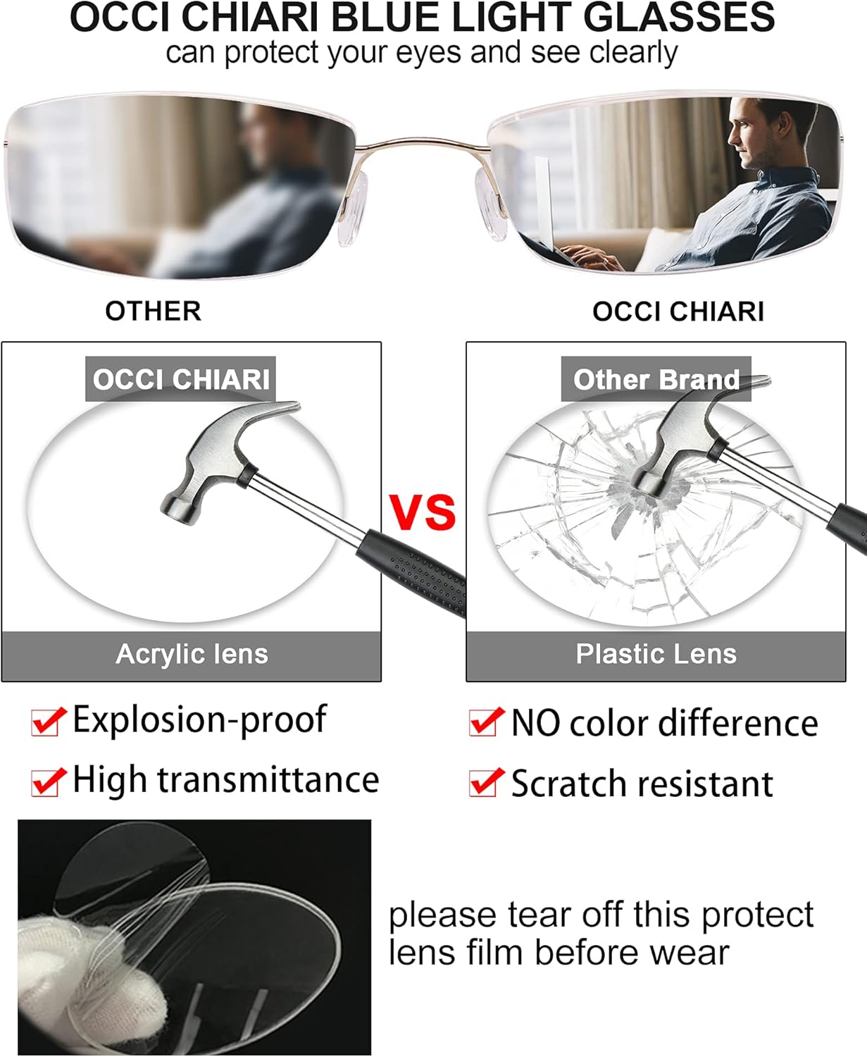 OCCI CHIARI Gafas de lectura 2.5 bloqueador de luz azul para mujeres lector de moda con bisagra de resorte de metal sin marco de titanio 1.0 1.25