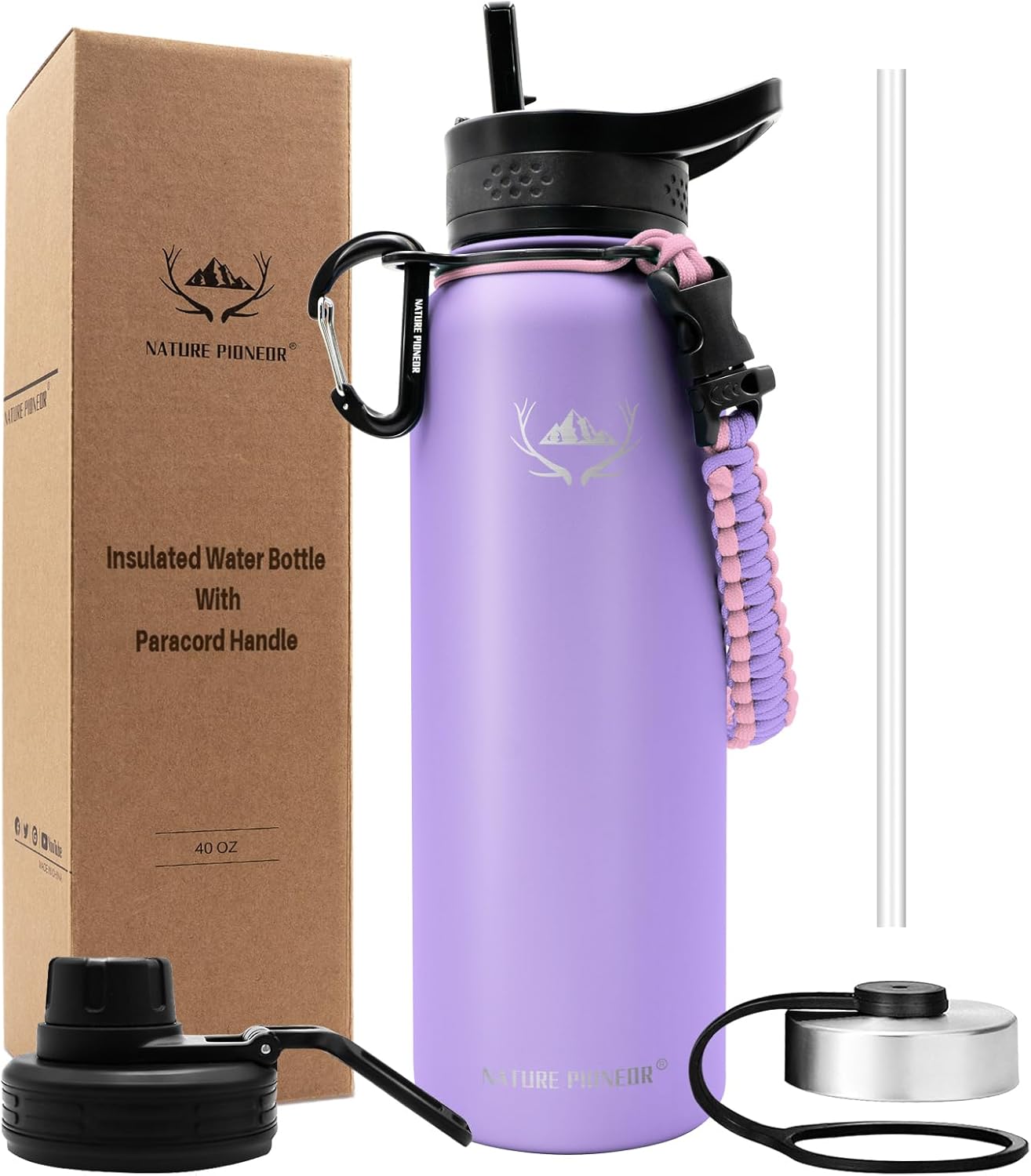 NATURE PIONEOR Botellas de agua aisladas con mango de paracaídas, 24324064 onzas, botella de agua deportiva de boca ancha con 3 tapas, de acero