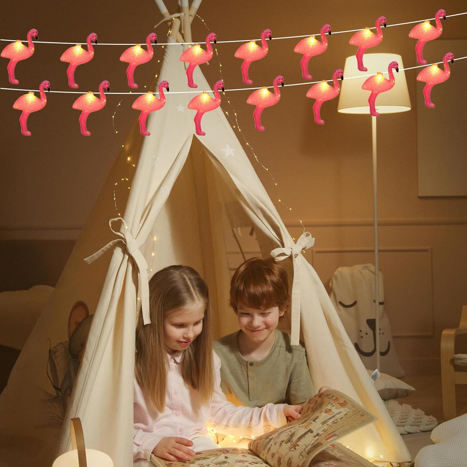 Guirnalda de luces de flamenco rosa con 10 luces de flamenco rosa, luces decorativas temáticas de verano para campamento, tienda de campaña, boda,