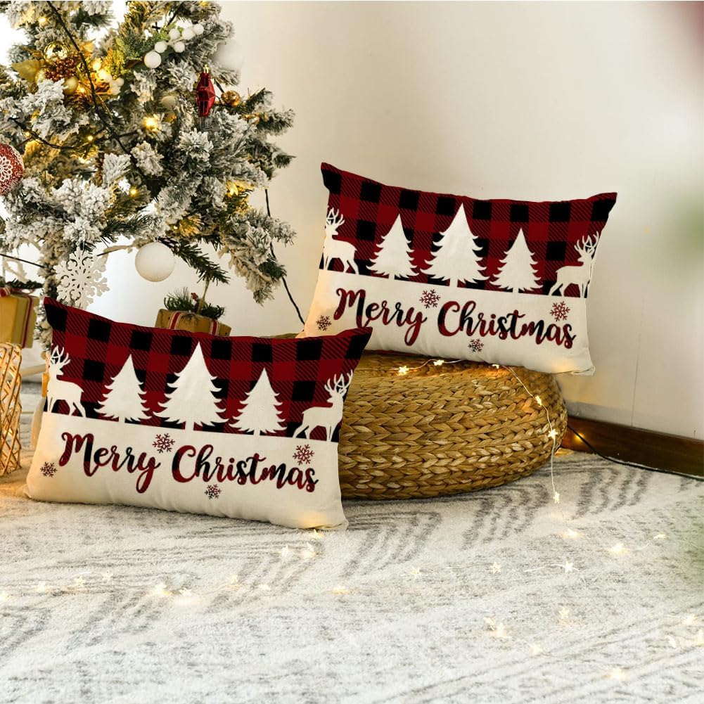 RABUSOFA Fundas de almohada decorativas para decoración de árbol de Navidad a cuadros, fundas de almohada de Feliz Navidad de 12 x 20 pulgadas,
