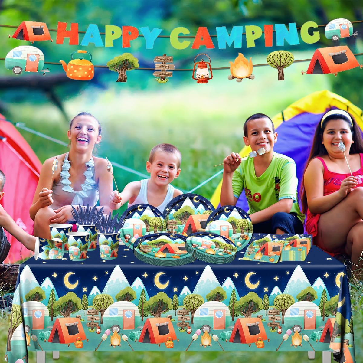 Decoración de fiesta de cumpleaños para campamento, vajilla de campamento feliz, platos desechables para campamento feliz, servilletas, vasos,