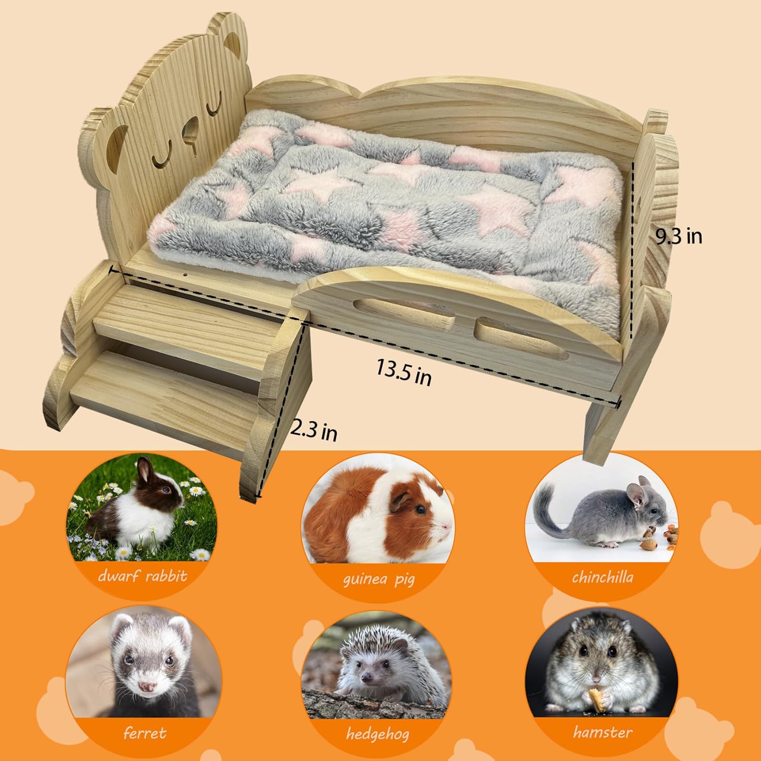 Cama de madera para conejillo de indias con escaleras y alfombra, cama lavable y suave para animales pequeños, escondite de conejillo de indias,